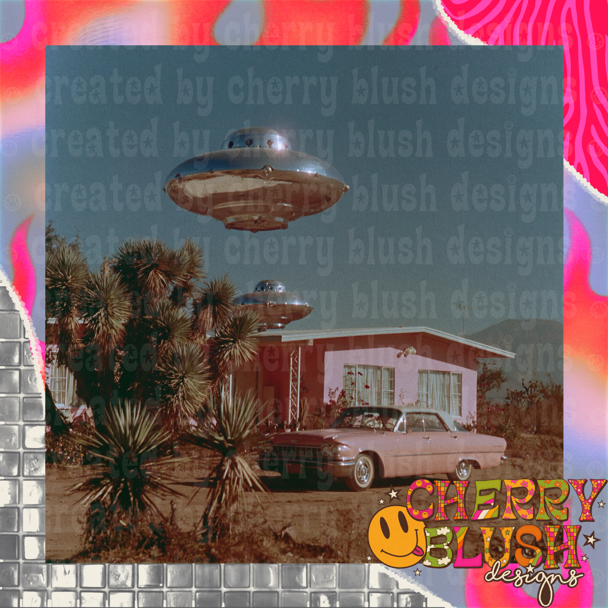 Retro Flying Saucer Desert PNG | UFO Desert Aesthetic | Commercial Use PNG