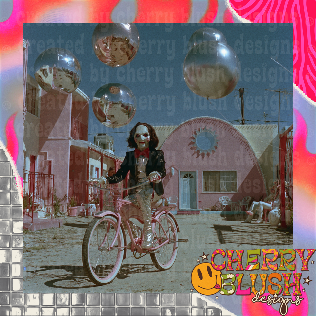 Pink Bicycle Puppet Aesthetic PNG | Whimsical Retro Graphic | Commercial Use PNG