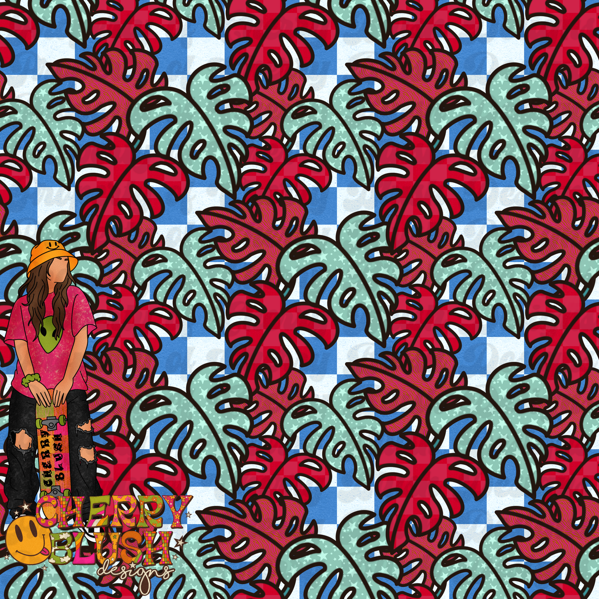 Hawaiian Leaves Blue Checks Seamless