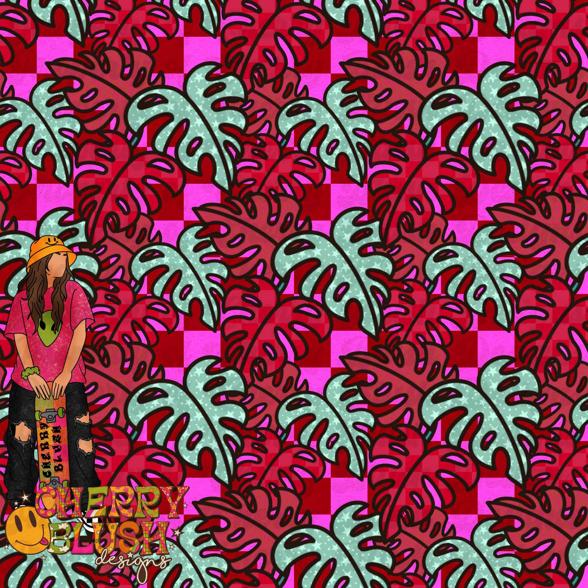 Hawaiian Leaves Pink Checks Seamless