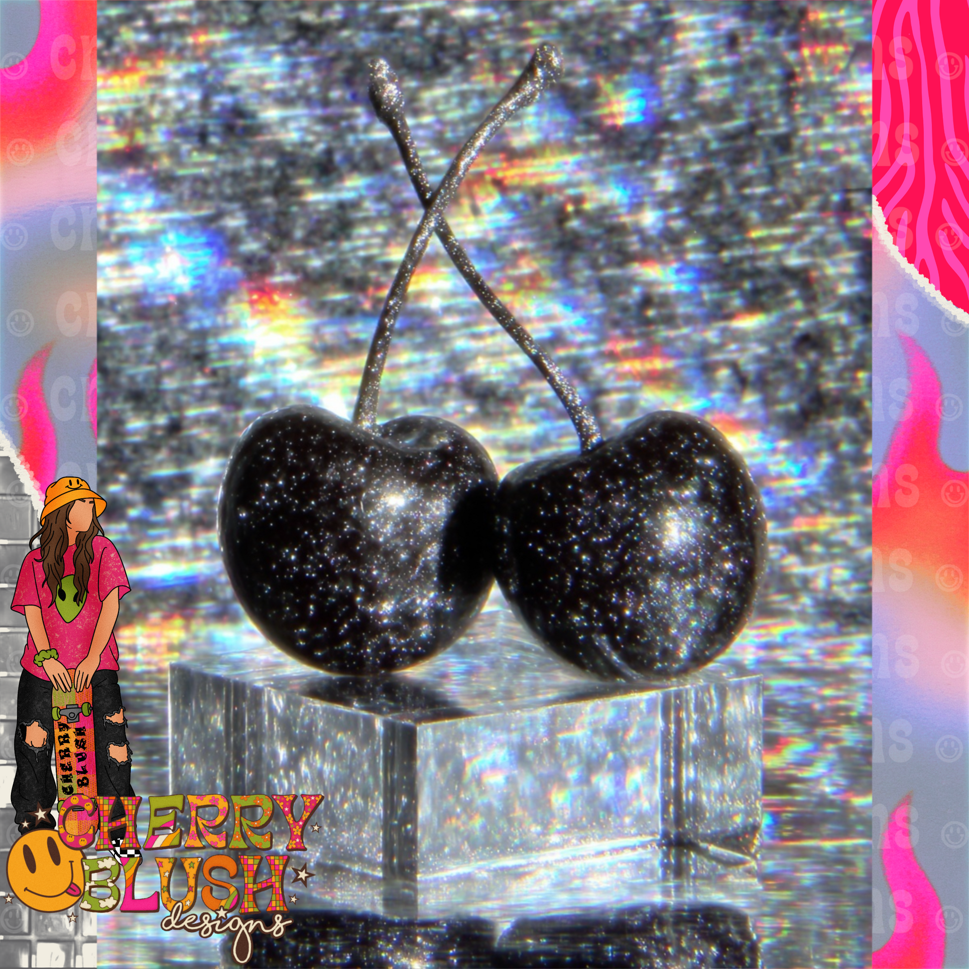 Black Glitter Cherries PNG | Gothic Fruit Digital Design