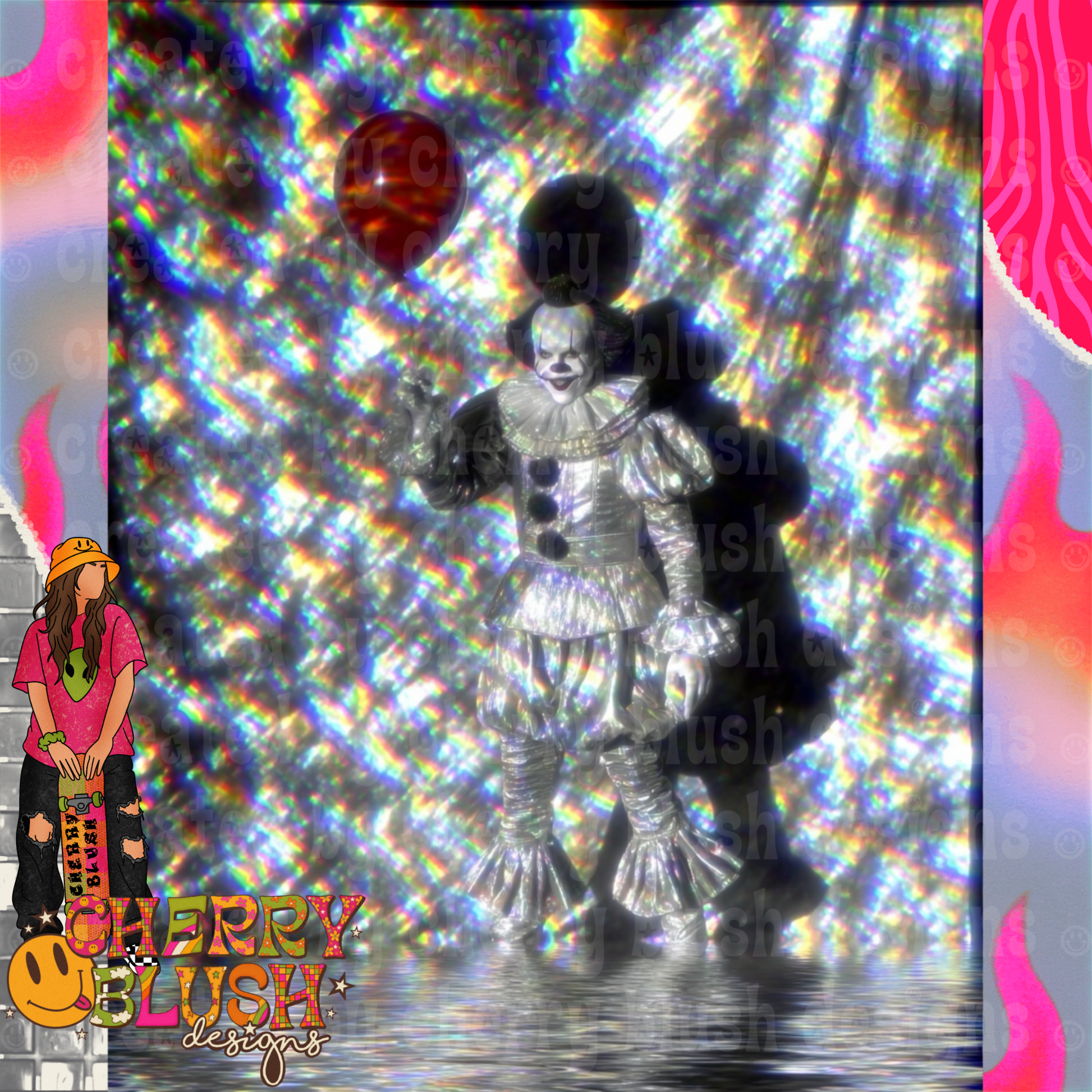Dark Clown with Balloons PNG | Glitter Horror Digital Design