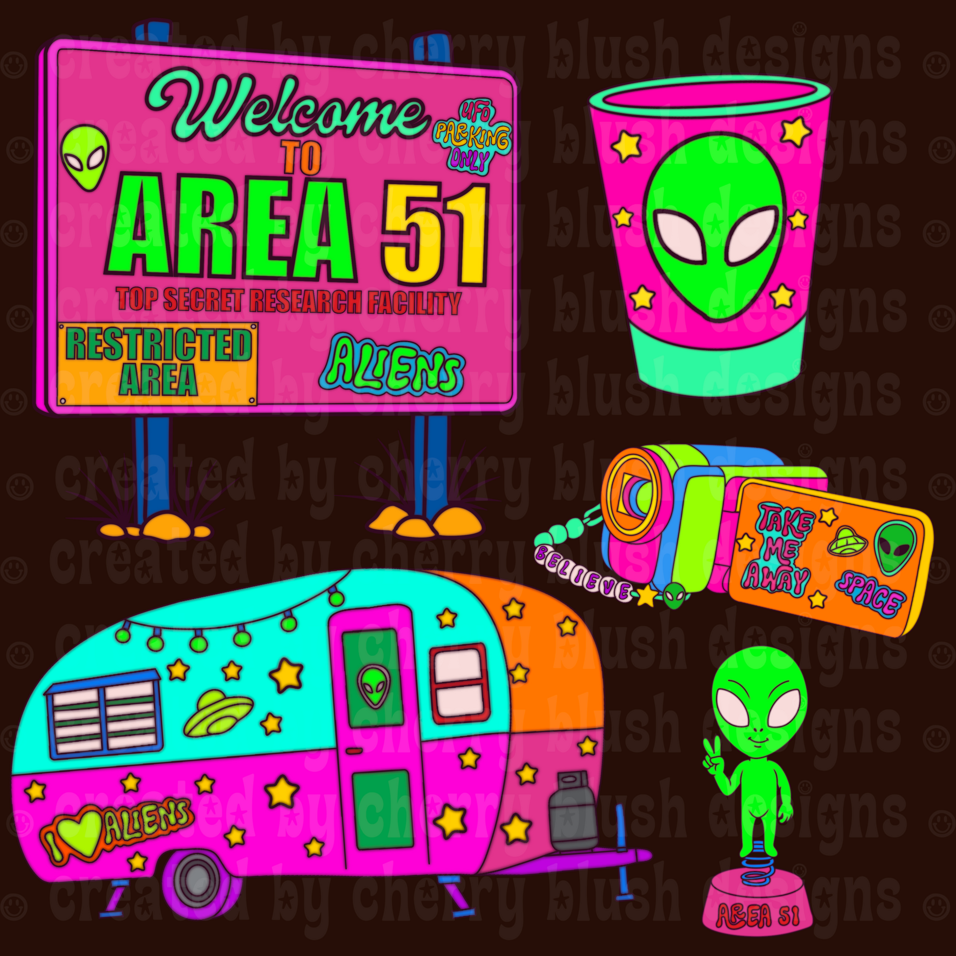 Retro Area 51 Clip Art Pack | Neon Alien Clipart | UFO Camper | Space Travel | Digital PNG Elements