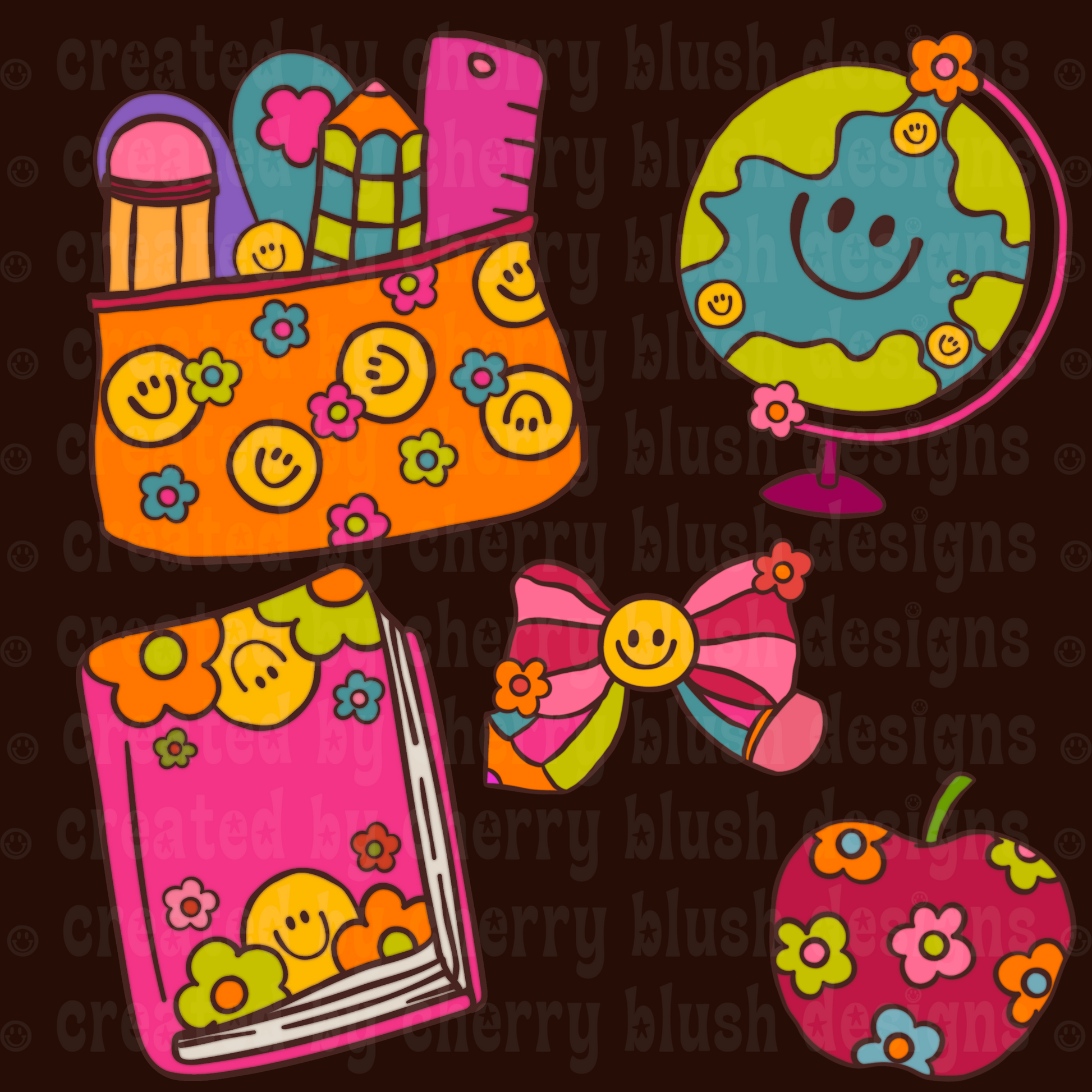 Groovy School Days Clip Art Pack | Retro School Clipart | Smiley School Supplies | Teacher PNG Bundle