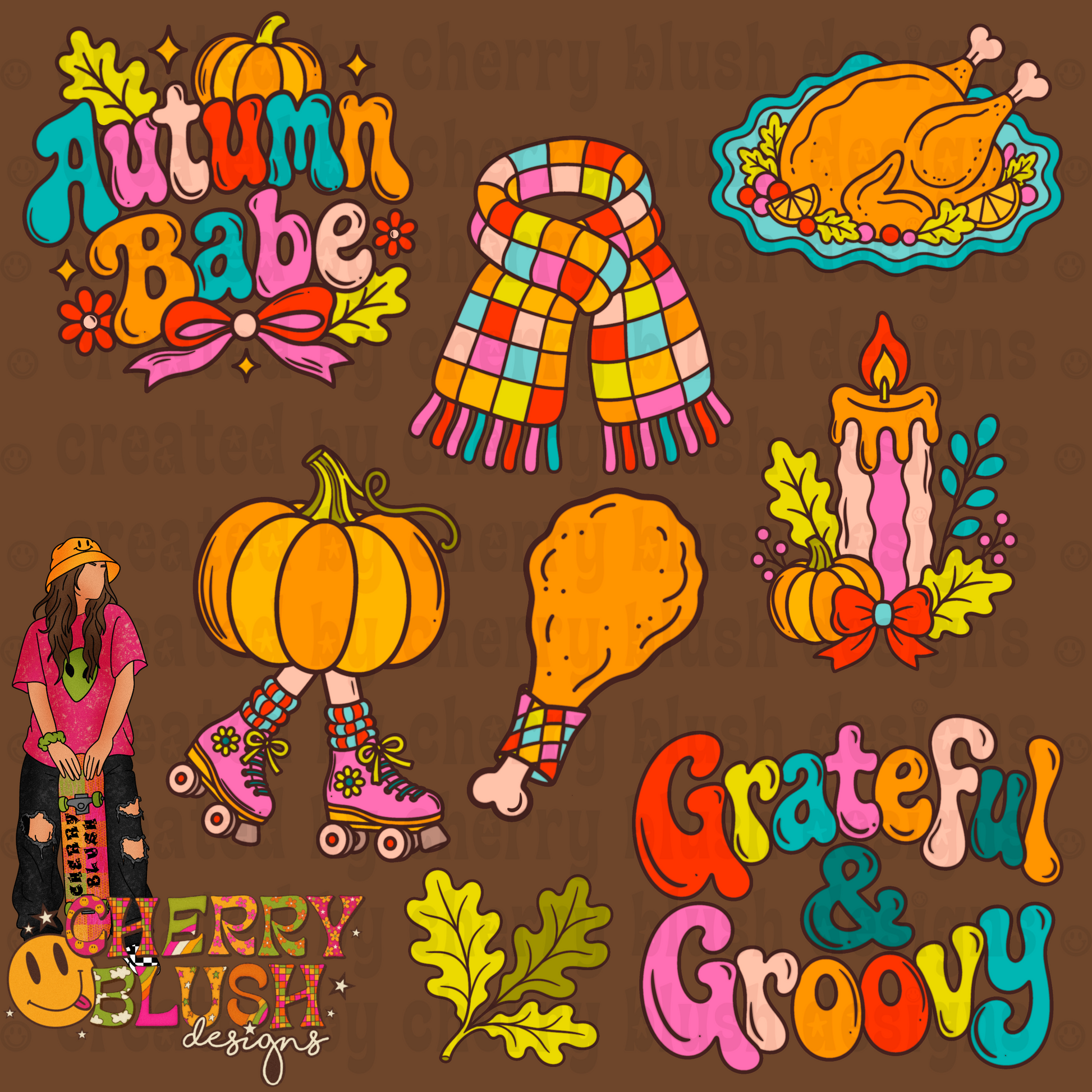 Autumn Babe Clipart Bundle | Retro Fall PNG Bundle | Thanksgiving Clipart | Pumpkin Roller Skates | Cozy Fall Graphics