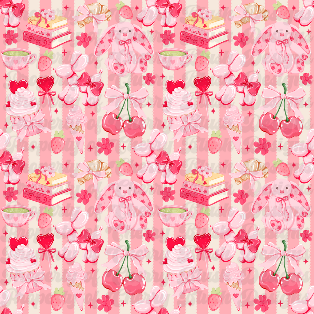 Coquette Strawberry & Cherry Bunny Seamless Pattern | Pink Valentine Softgirl PNG