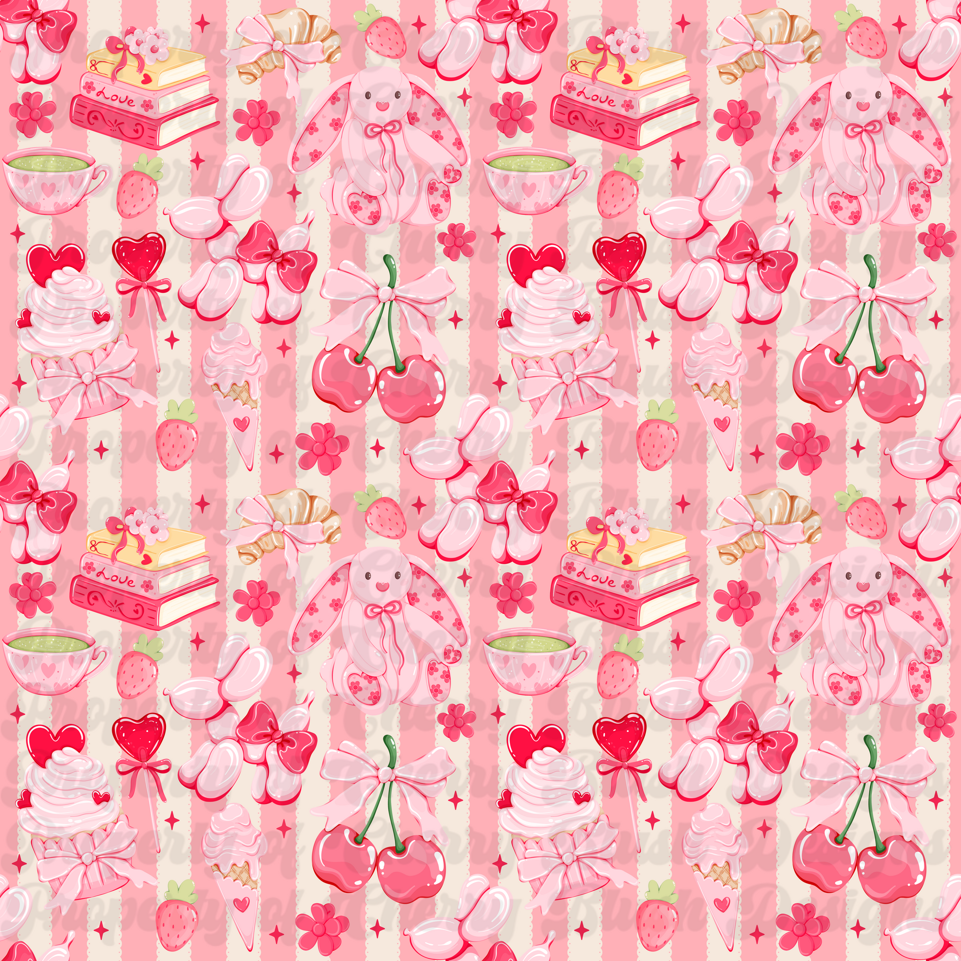 Coquette Strawberry & Cherry Bunny Seamless Pattern | Pink Valentine Softgirl PNG
