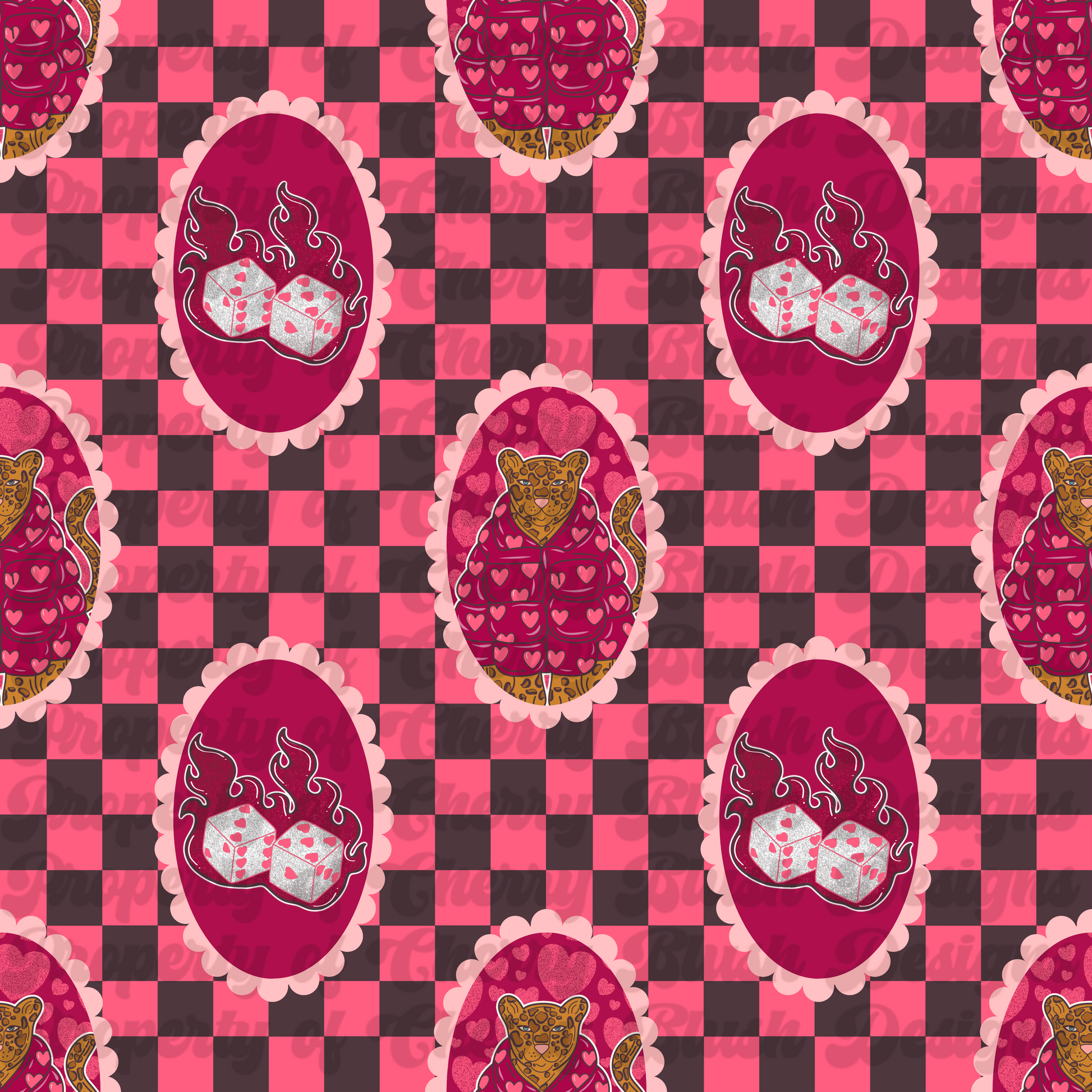 Valentine Leopard & Dice Plaid Seamless Pattern