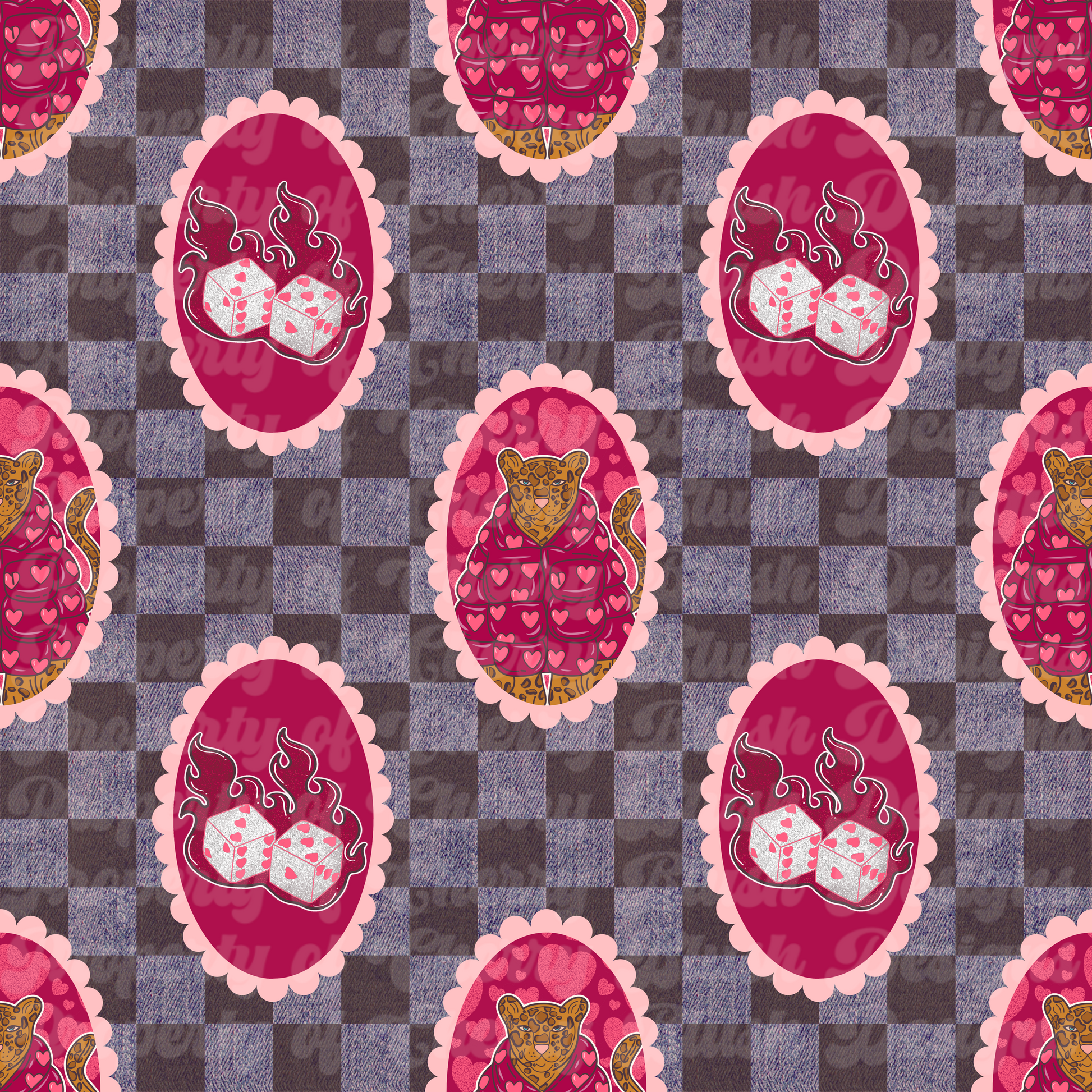 Valentine Leopard & Dice Plaid Seamless Pattern