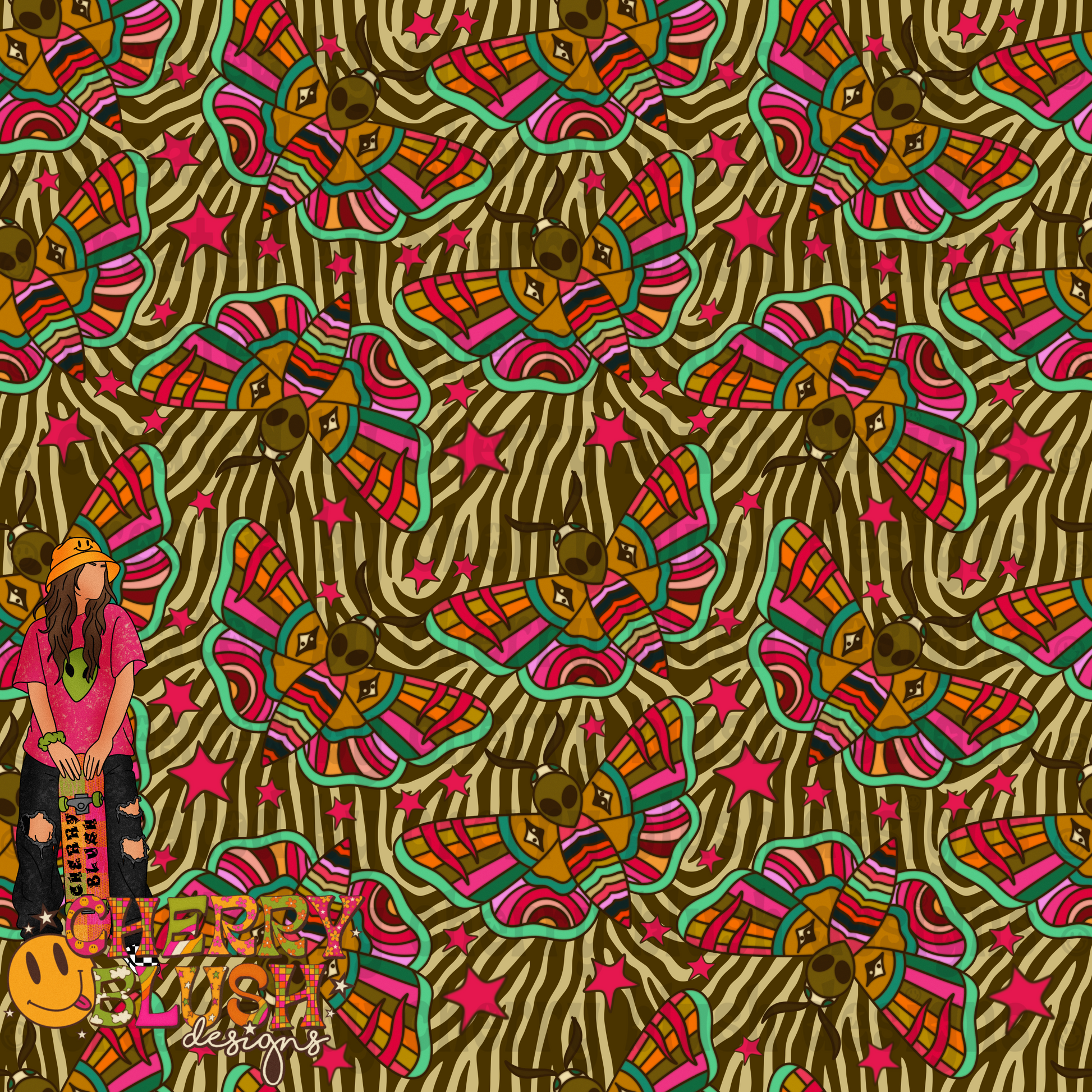 Alien Moths Seamless Design | Psychedelic Moth Graphic | Multiple Colorways