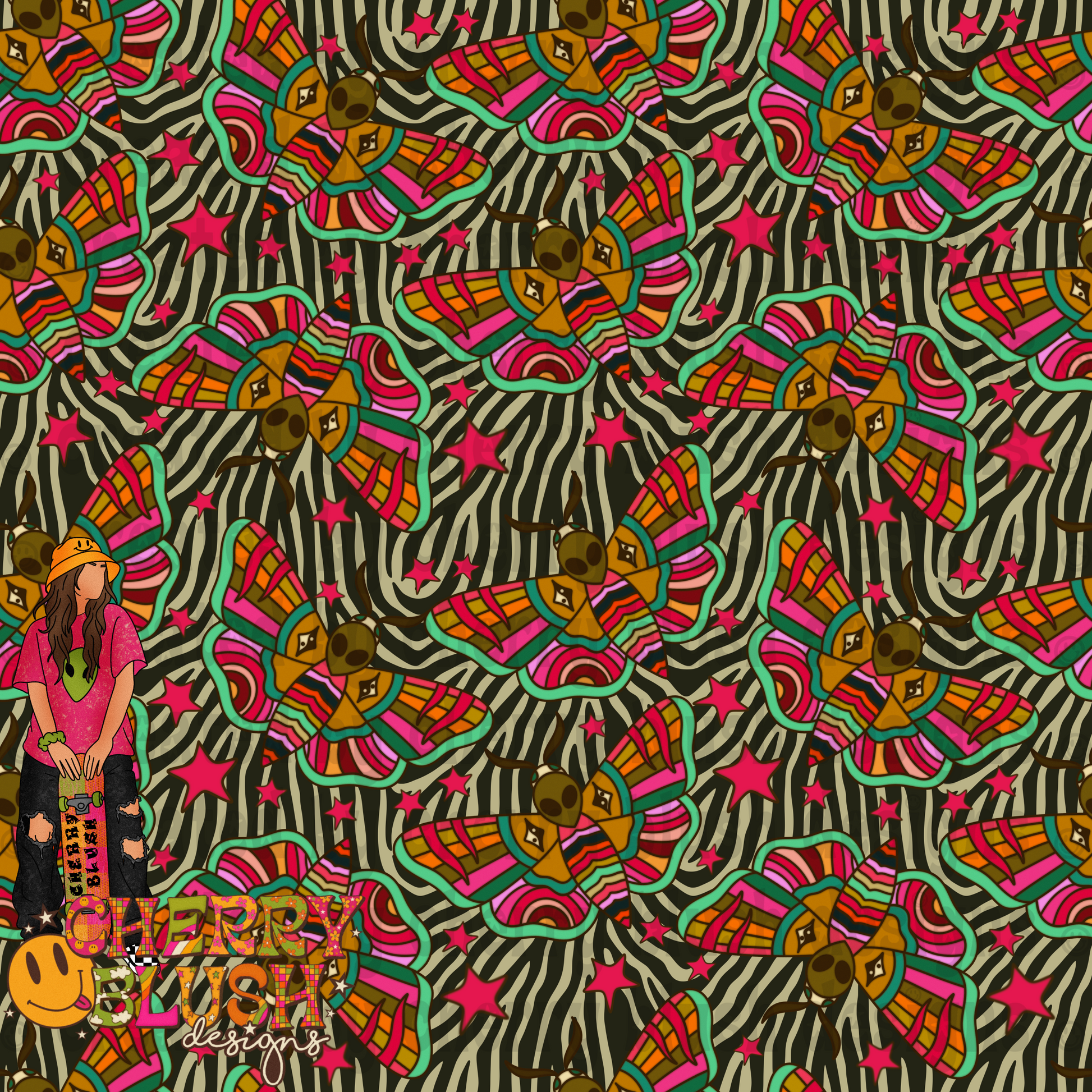 Alien Moths Seamless Design | Psychedelic Moth Graphic | Multiple Colorways