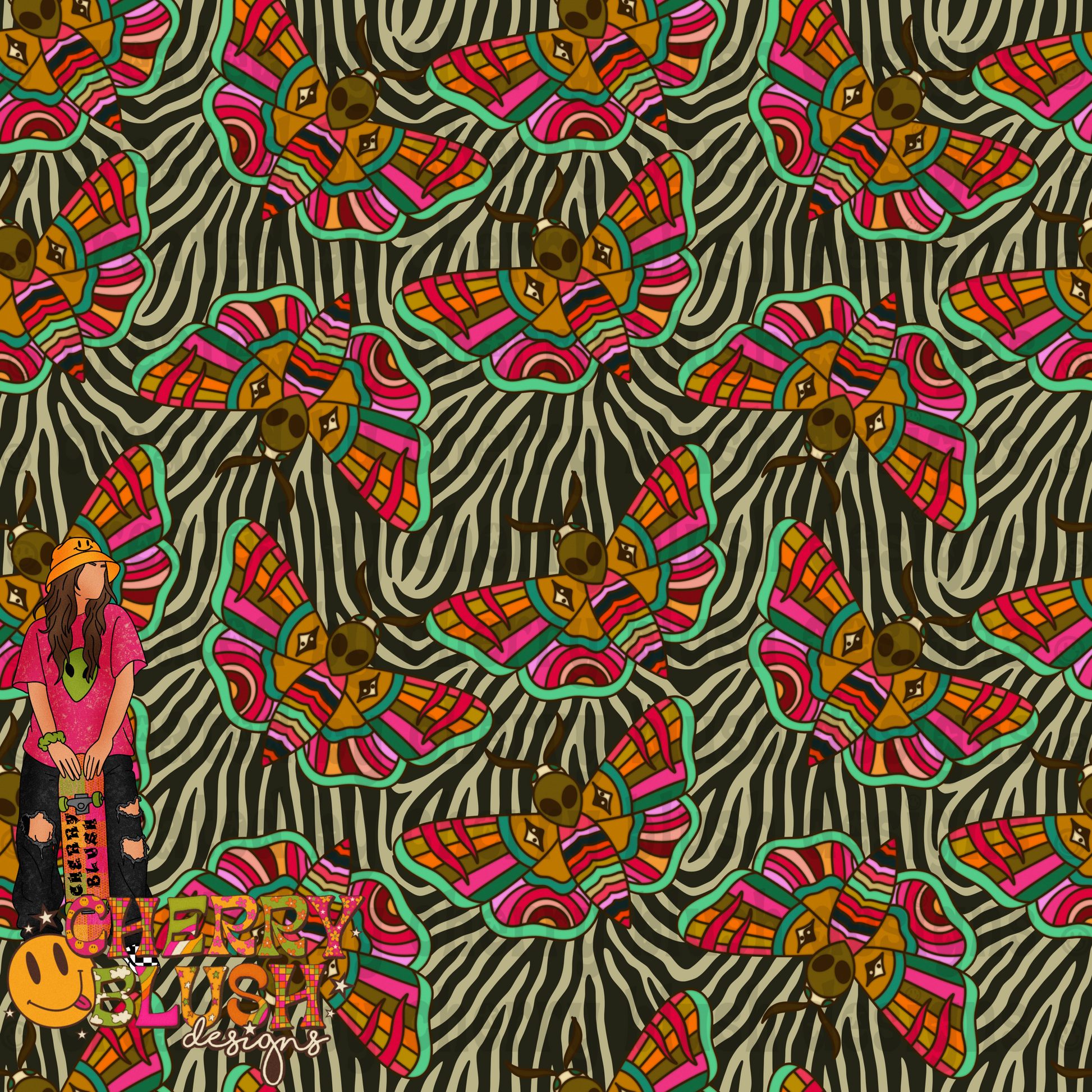 Alien Moths Seamless Design | Psychedelic Moth Graphic | Multiple Colorways