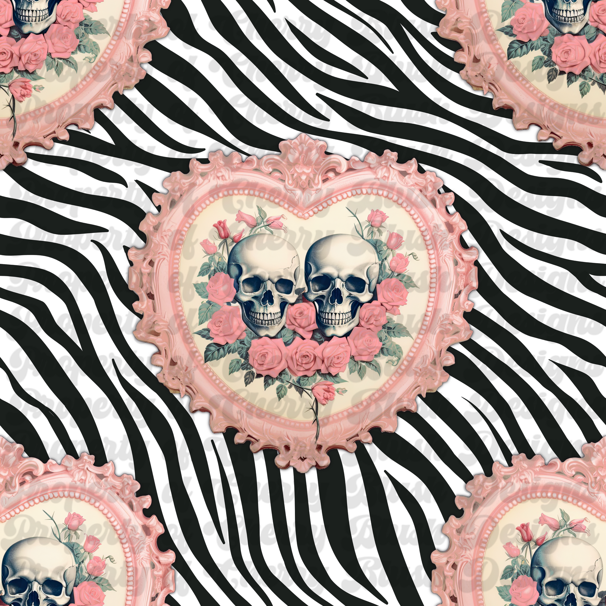 Gothic Romance Skull Heart Seamless Pattern