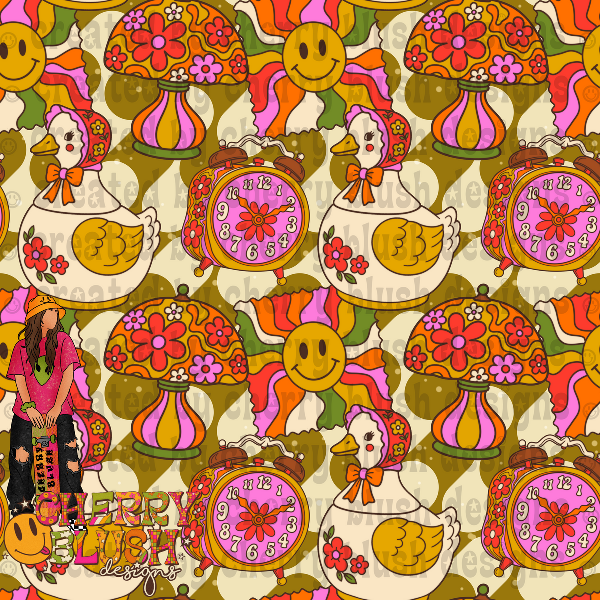 Retro Fall Goose Seamless | Vintage 70s Floral Mushroom & Smiley Pattern | Digital Seamless Background