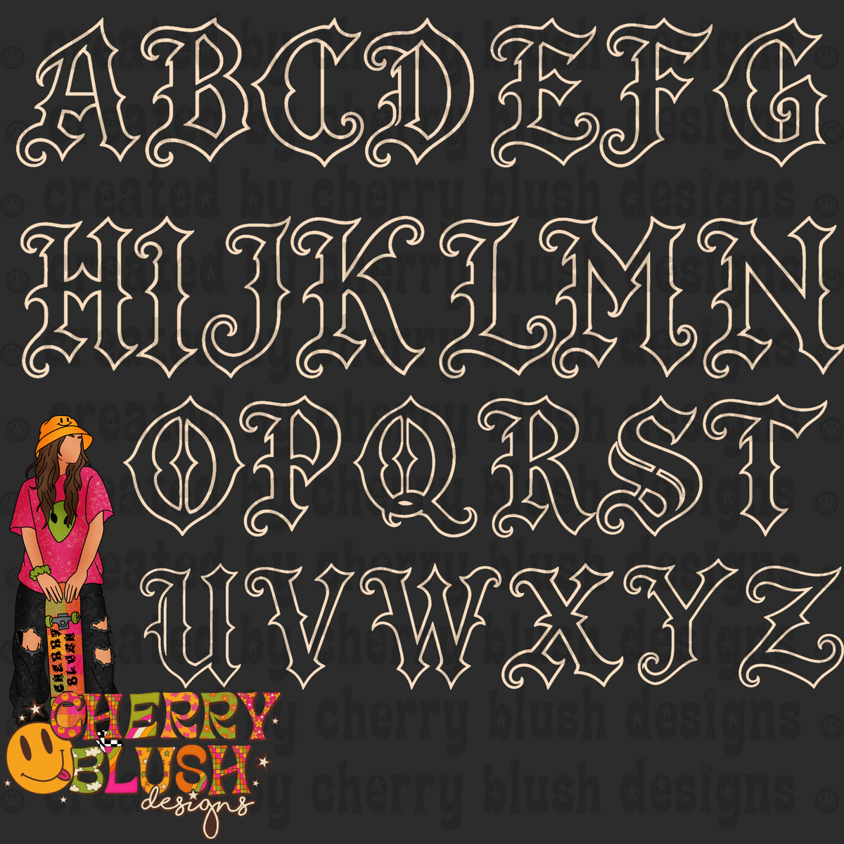 Old English Colorable Alpha | Gothic Blackletter Alphabet PNG | A-Z Outline Alpha | Colorable PNG | Commercial Use
