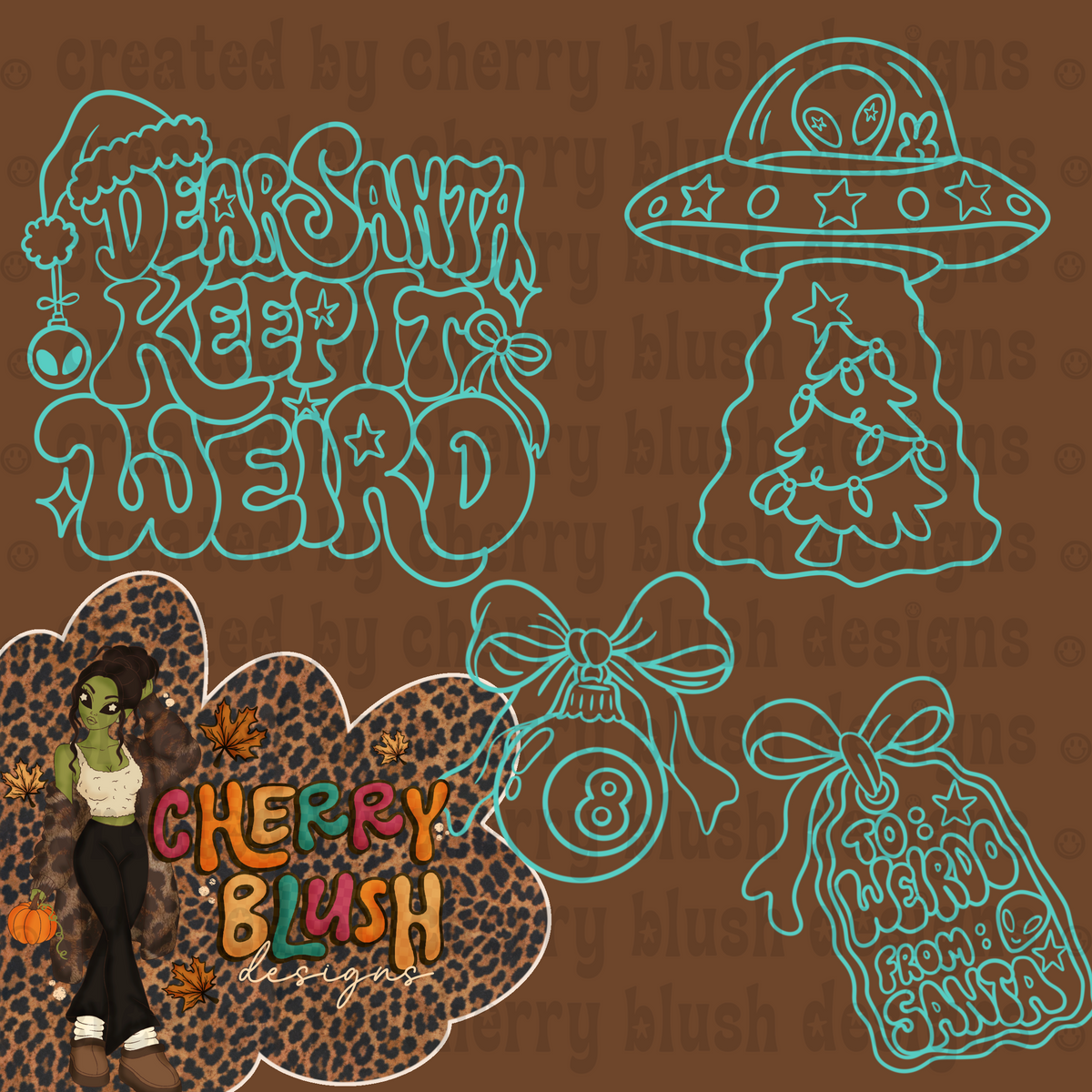 Weird Christmas Line Art | Christmas Coloring PNG | Alien Christmas Outline | Retro Christmas Clipart | 4 Pack