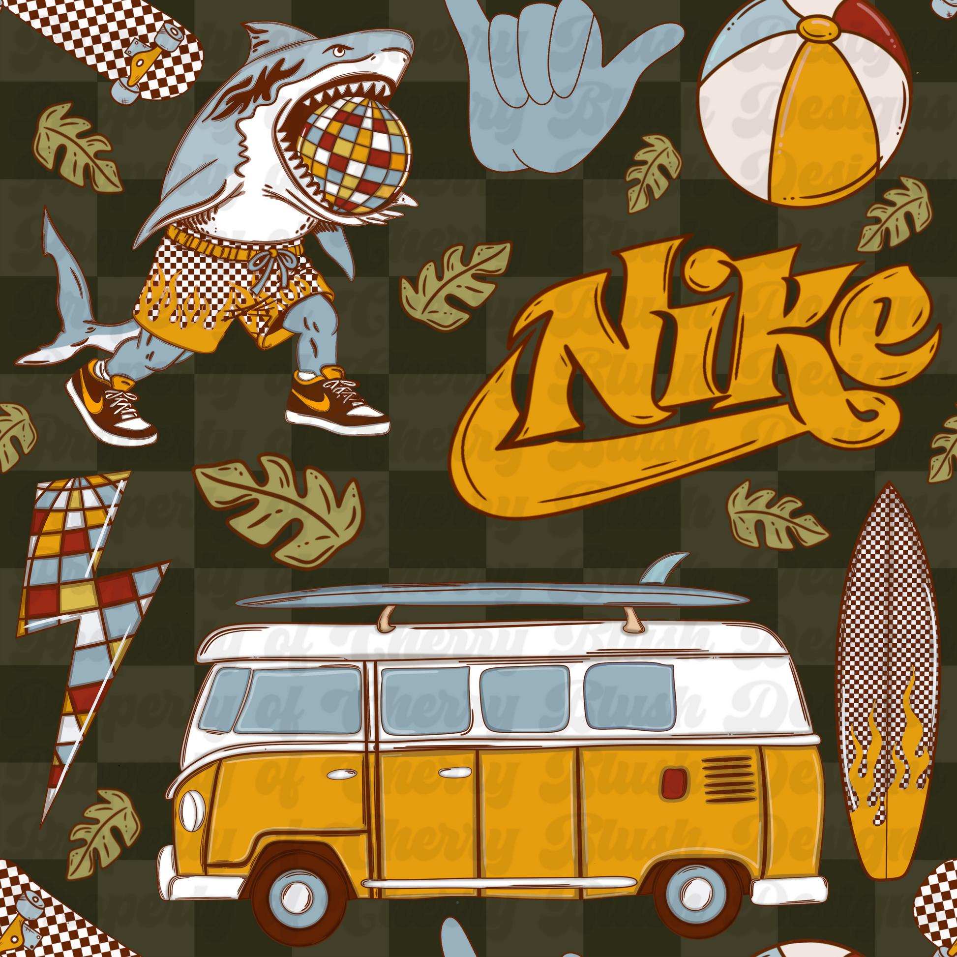 Disco Shark Summer Seamless Pattern | Retro Surf Shark | Multiple Colorways