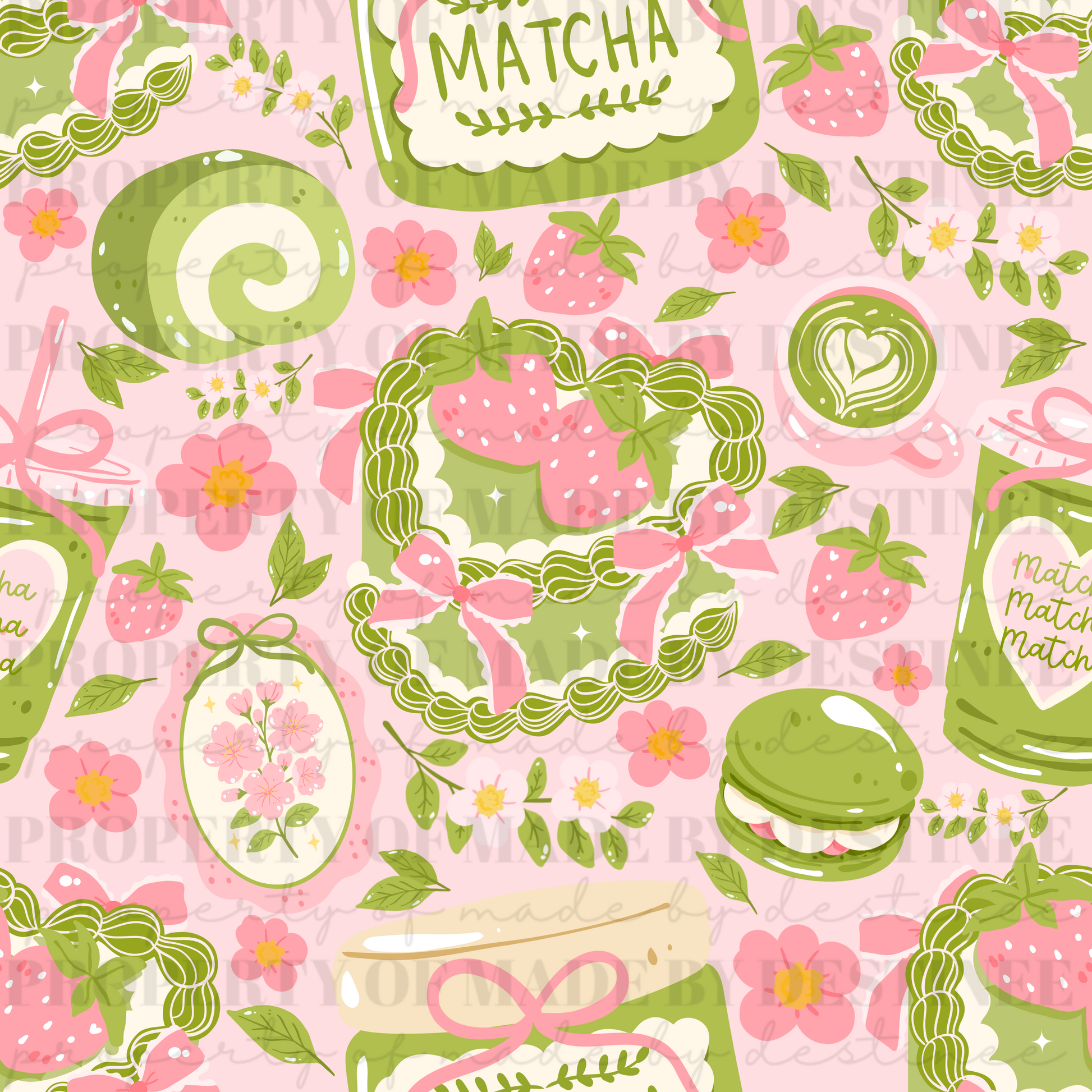 Strawberry Matcha Café Seamless Pattern | Pink & Green Coquette PNG