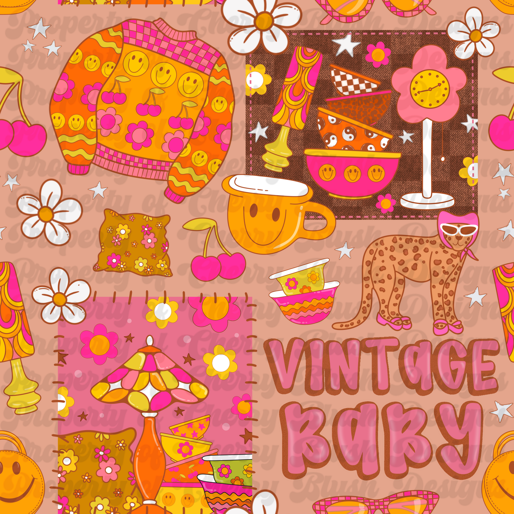Vintage Baby Seamless Pattern | Retro 70s Smiley Patchwork Design | Groovy Fabric File