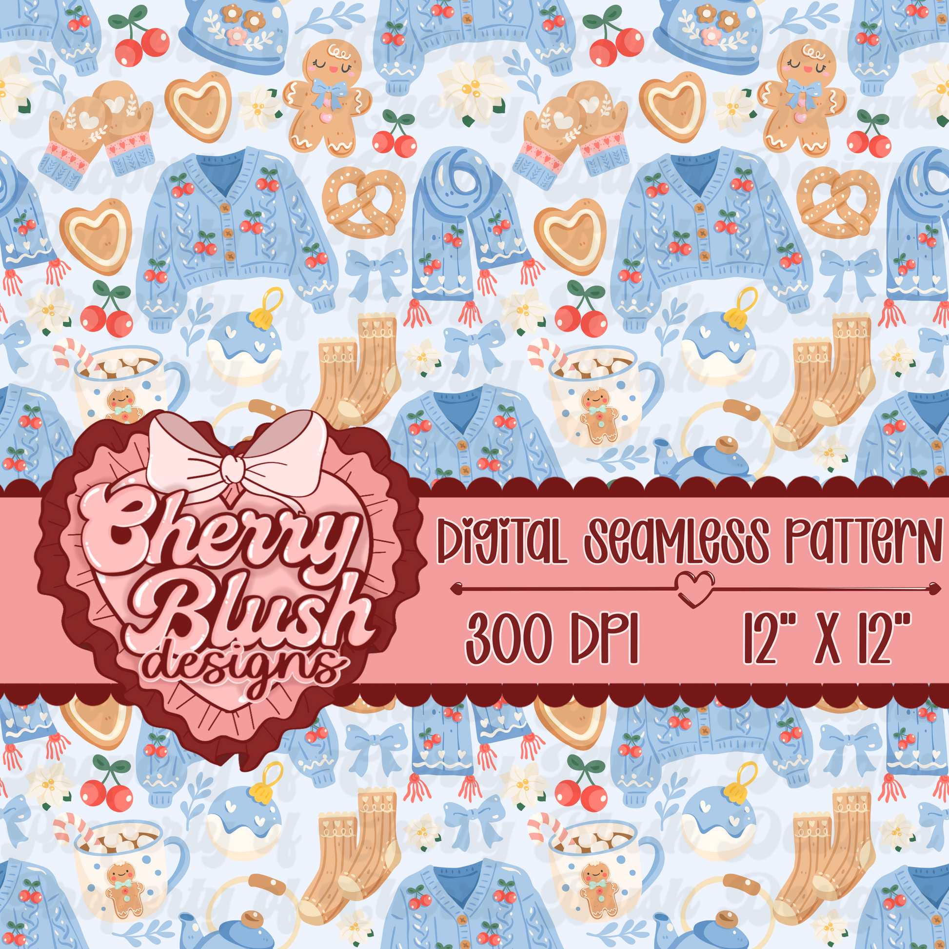 Cozy Winter Cottagecore Seamless Pattern | Blue Sweaters, Gingerbread & Cocoa PNG
