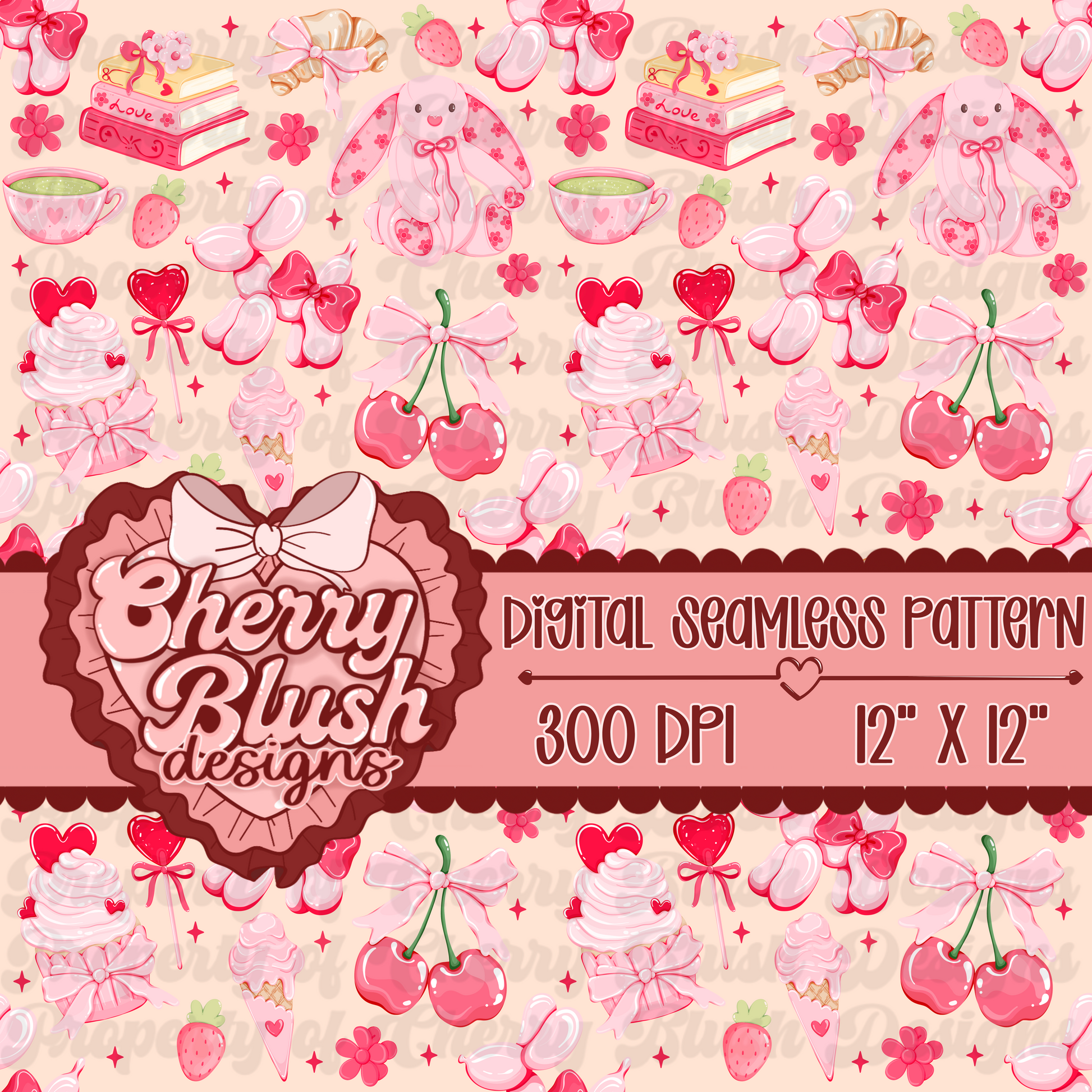 Sweet Cherry Valentine Seamless Pattern | Pink Softgirl Bunny & Dessert PNG