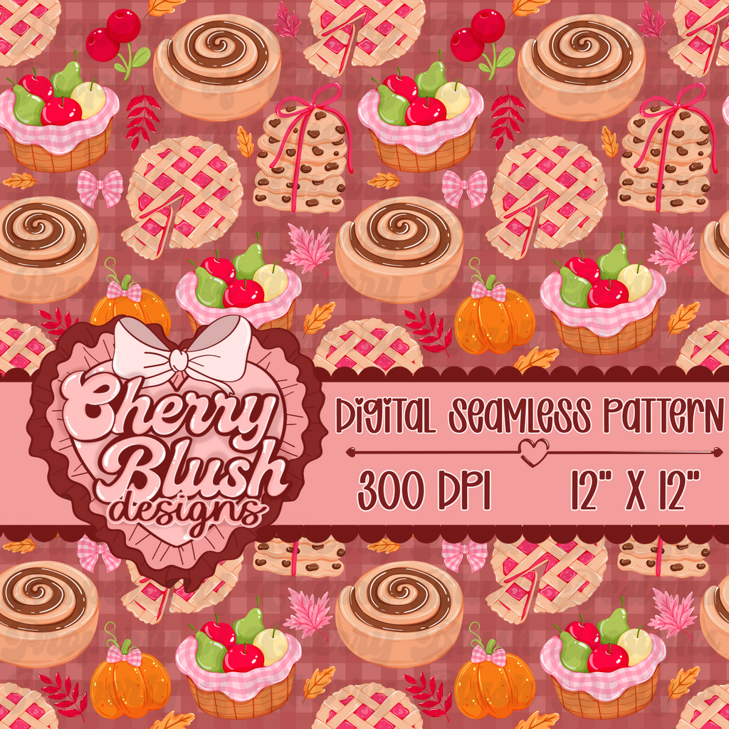 Autumn Bakery Seamless Pattern | Cozy Fall Pies, Cinnamon Rolls & Harvest PNG