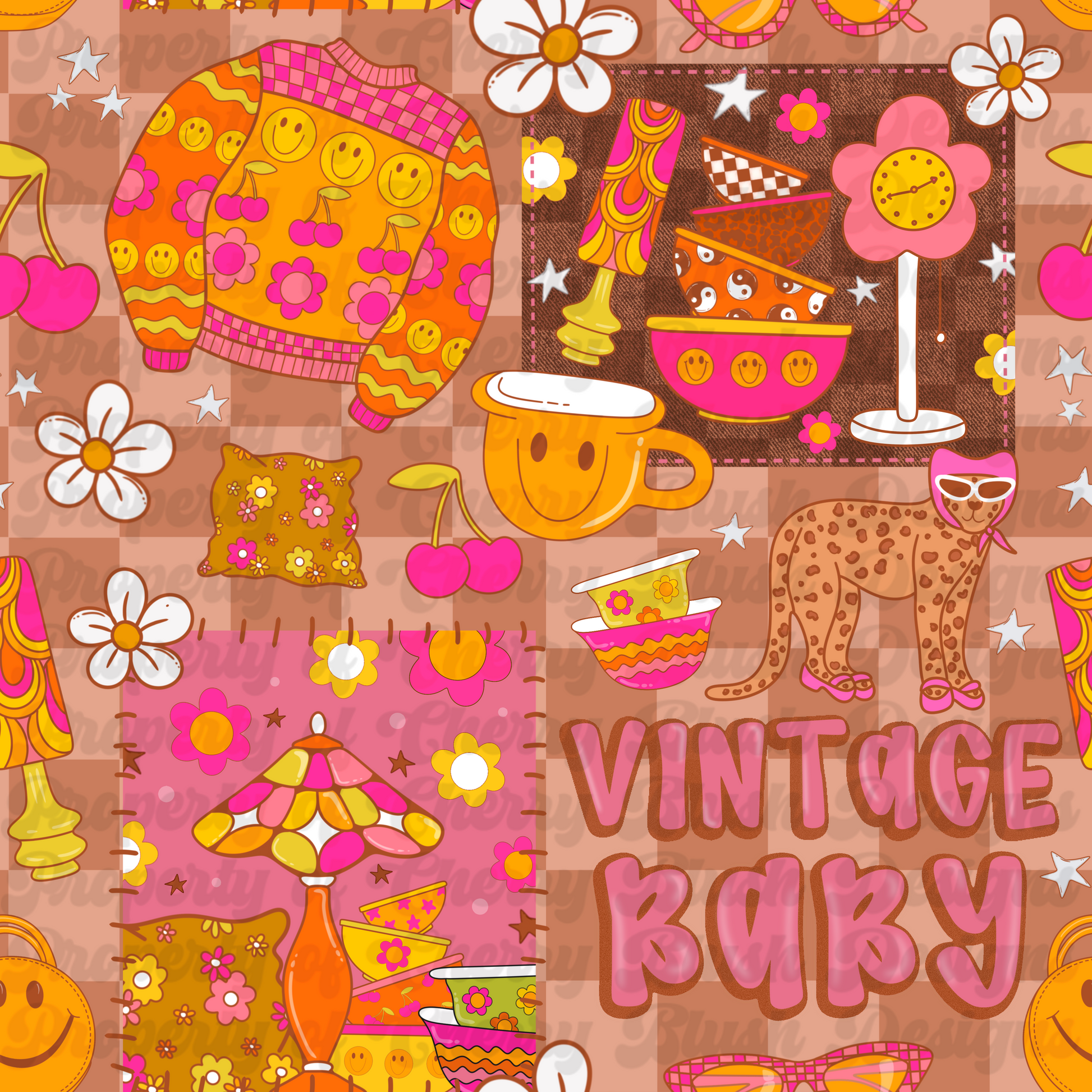 Vintage Baby Seamless Pattern | Retro 70s Smiley Patchwork Design | Groovy Fabric File