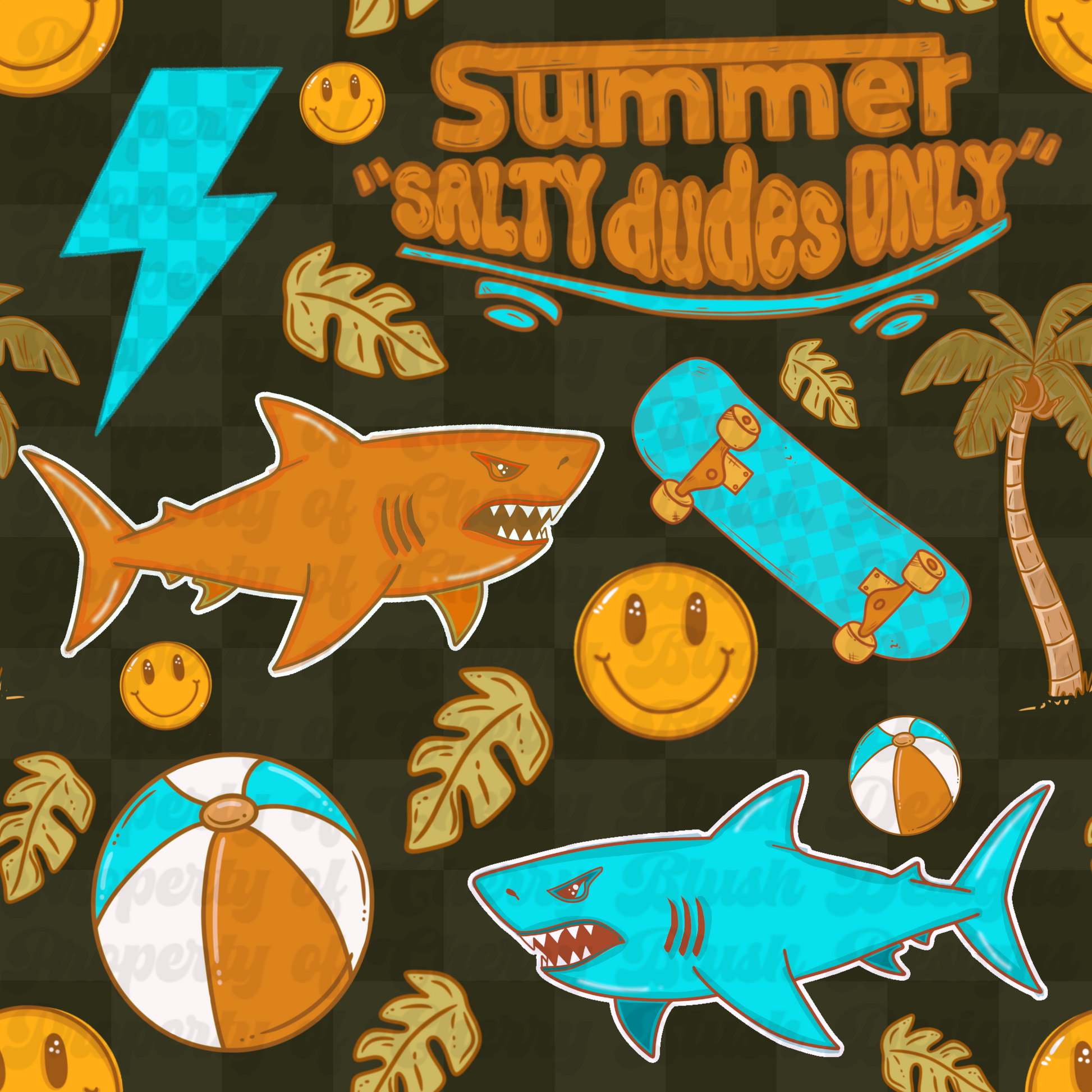 Summer Salty Dudes Only Dark Check Seamless | Retro Shark Summer Digital Download