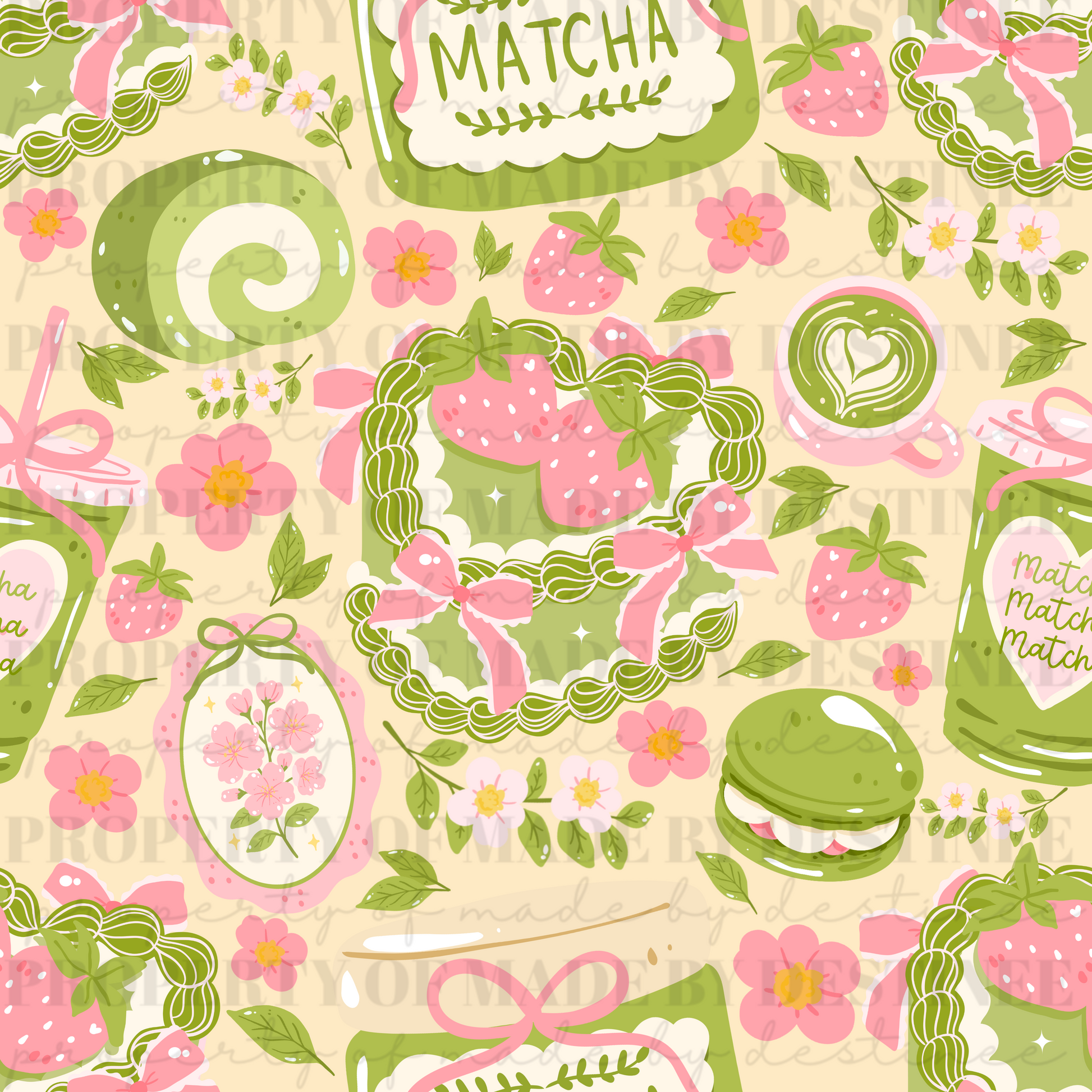 Strawberry Matcha Coquette Seamless Pattern | Cute Pastel Kawaii Background PNG