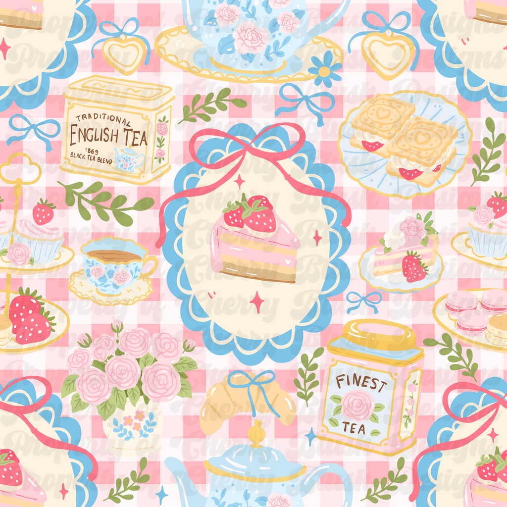 English Tea Party Coquette Seamless Pattern | Pastel Bakery & Gingham PNG