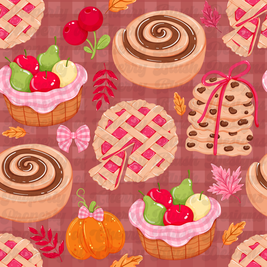 Autumn Bakery Seamless Pattern | Cozy Fall Pies, Cinnamon Rolls & Harvest PNG
