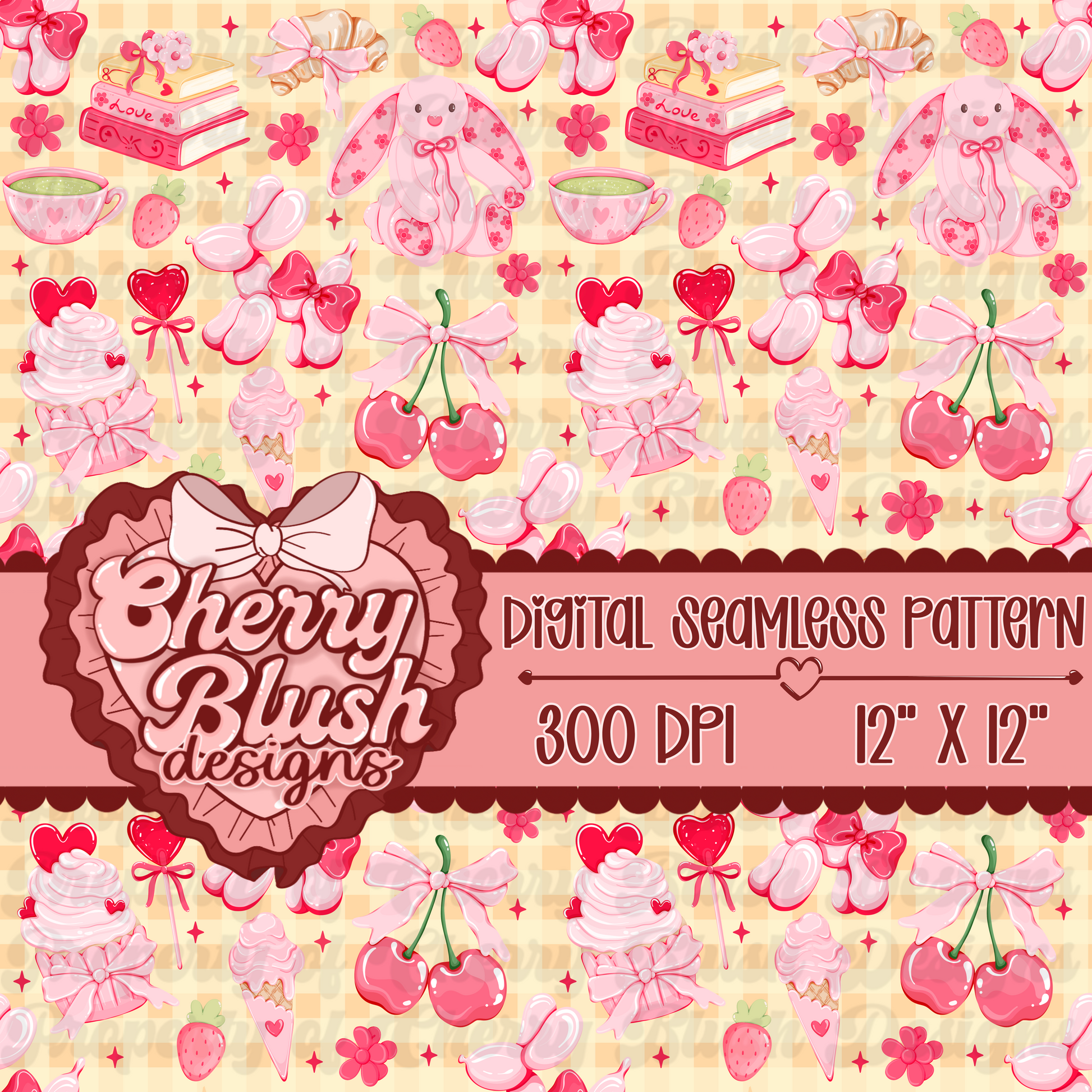 Sweetheart Cherry Coquette Seamless Pattern | Pink Softgirl Bunny & Dessert PNG