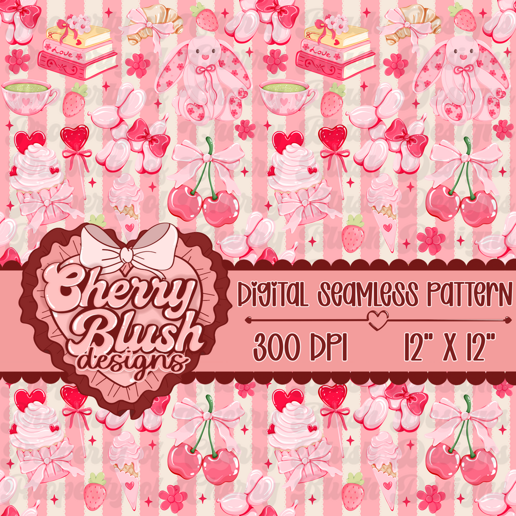Coquette Strawberry & Cherry Bunny Seamless Pattern | Pink Valentine Softgirl PNG
