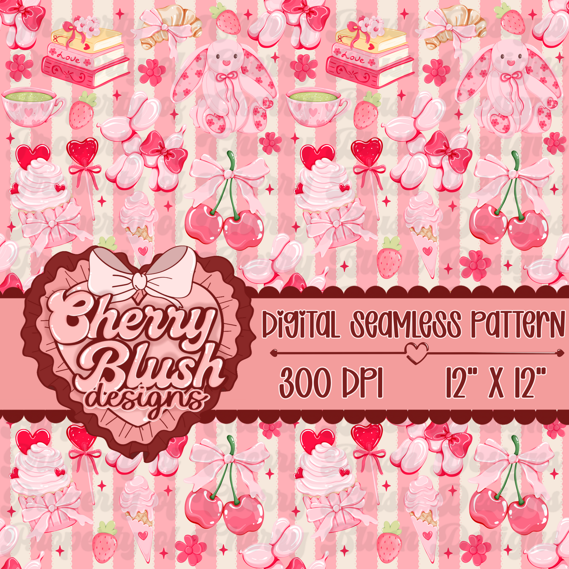 Coquette Strawberry & Cherry Bunny Seamless Pattern | Pink Valentine Softgirl PNG