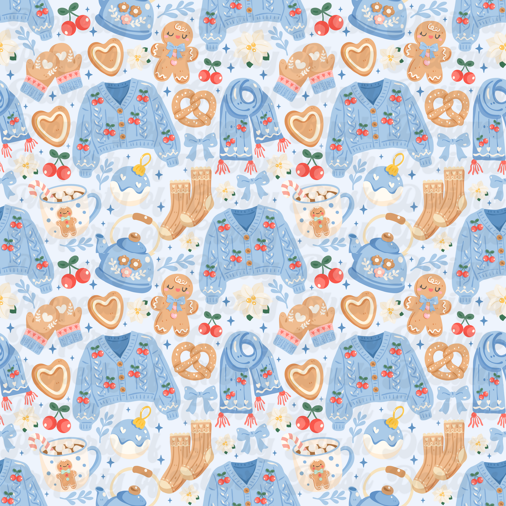 Cozy Winter Cottagecore Seamless Pattern | Blue Sweaters, Gingerbread & Cocoa PNG