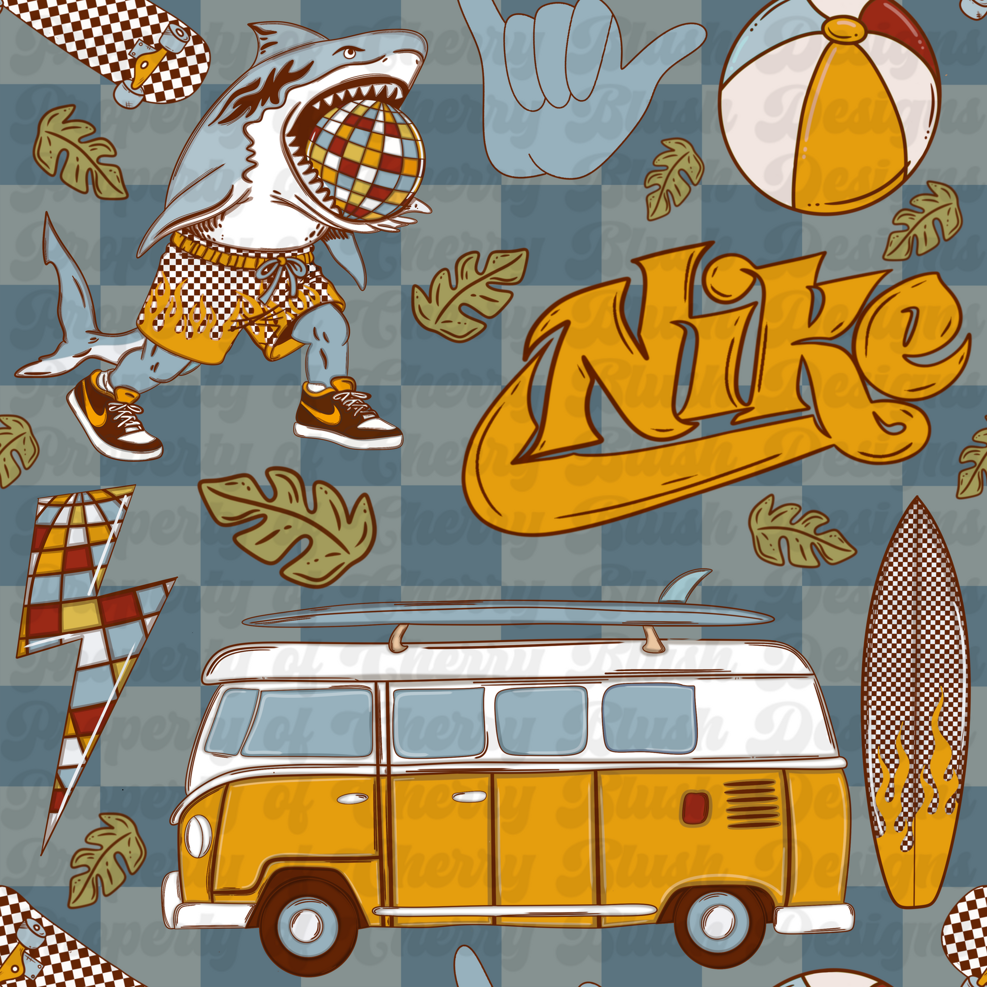 Disco Shark Summer Seamless Pattern | Retro Surf Shark | Multiple Colorways