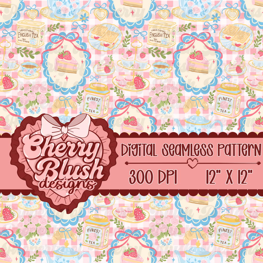English Tea Party Coquette Seamless Pattern | Pastel Bakery & Gingham PNG