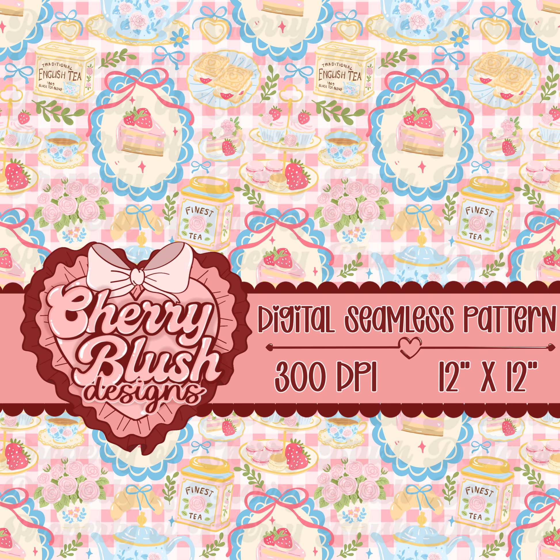 English Tea Party Coquette Seamless Pattern | Pastel Bakery & Gingham PNG