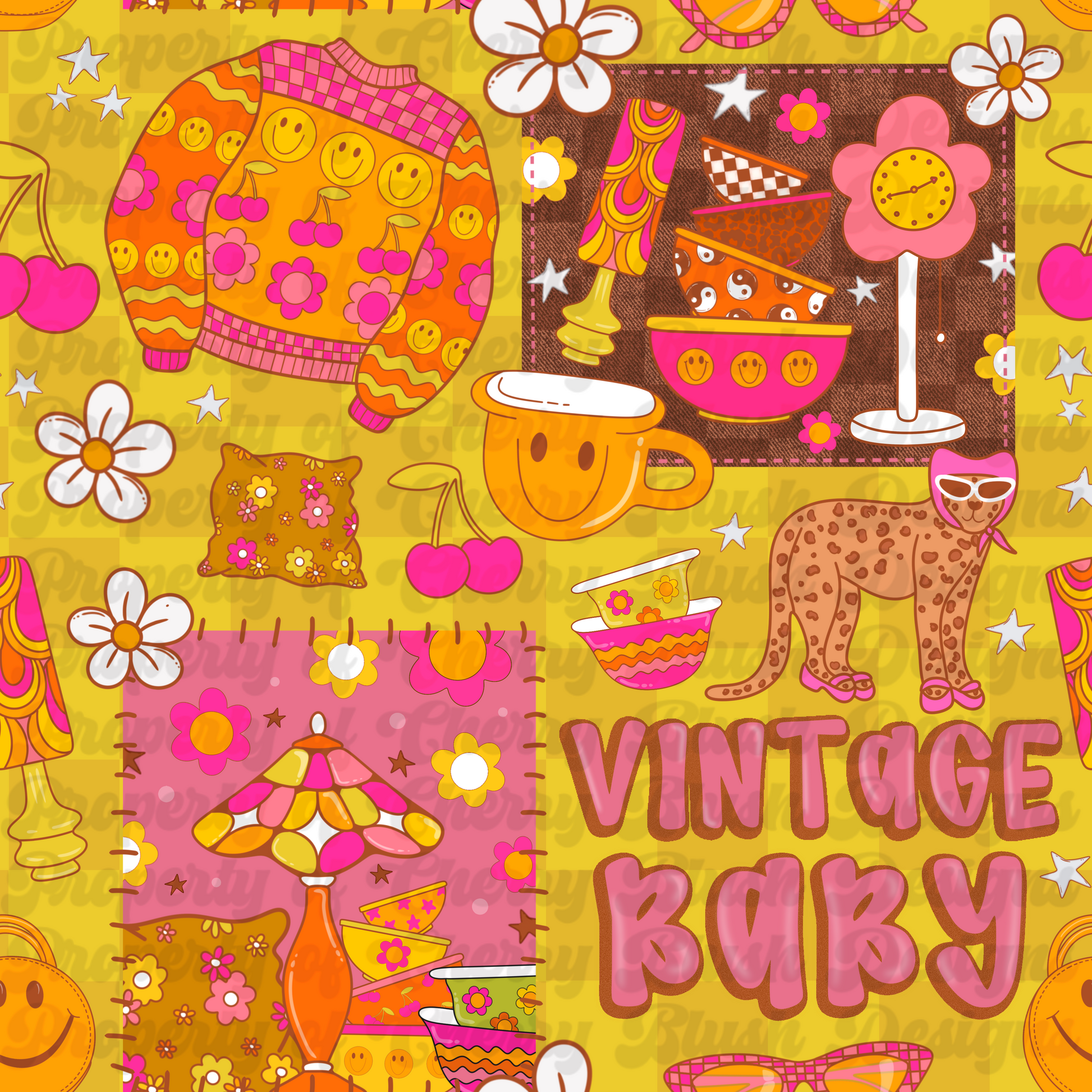 Vintage Baby Seamless Pattern | Retro 70s Smiley Patchwork Design | Groovy Fabric File