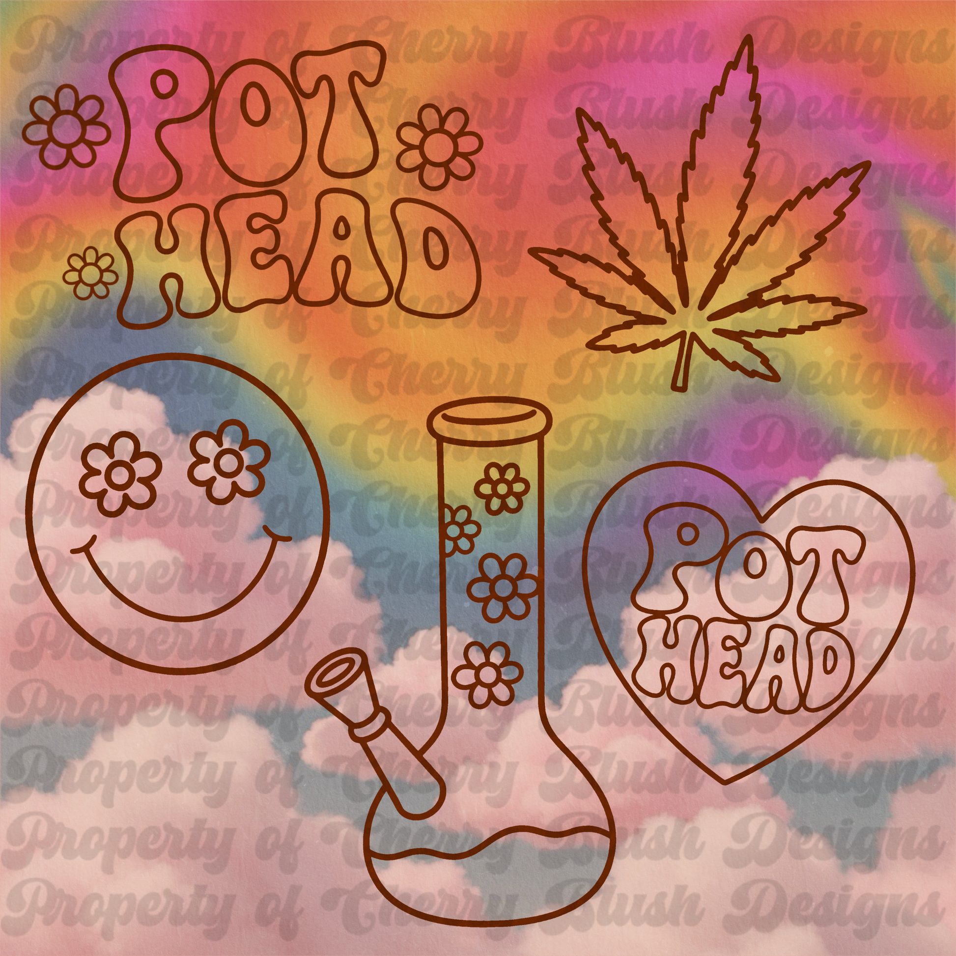 Pot Head Outline Clip Art Bundle | 420 Hippie Coloring PNG Set