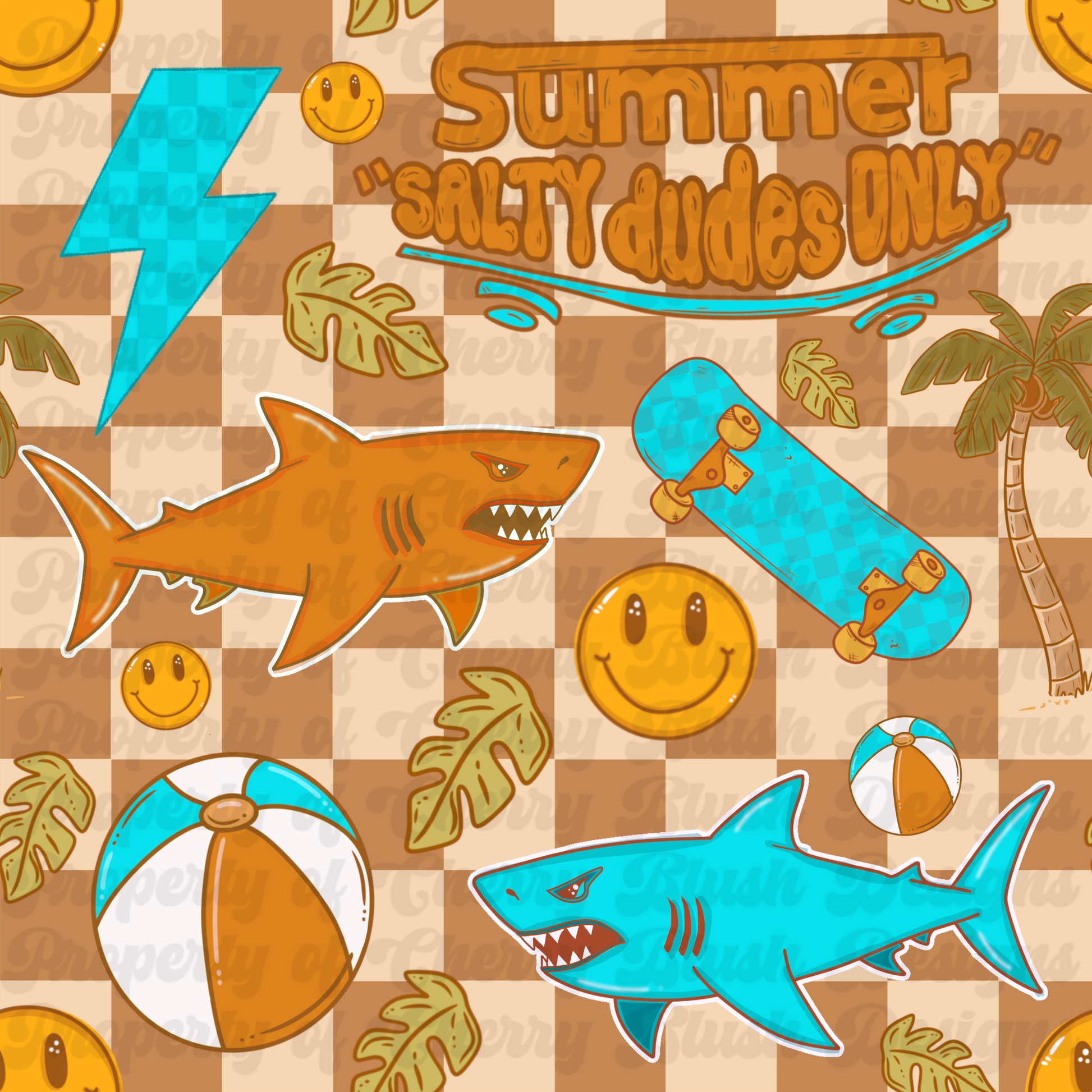 Summer Salty Dudes Only Seamless on Tan Check | Retro Shark Summer Digital Download