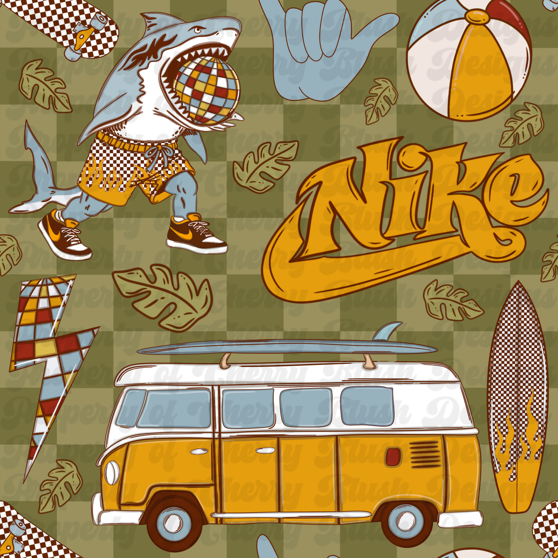 Disco Shark Summer Seamless Pattern | Retro Surf Shark | Multiple Colorways