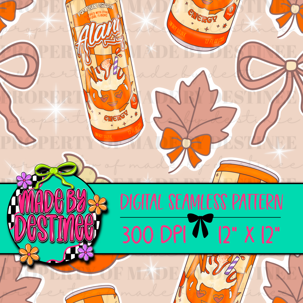 Alani Pumpkin Cream Energy Drink Seamless Digital Pattern | Fall Autumn Bow & Leaf Clipart