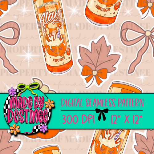 Alani Pumpkin Cream Energy Drink Seamless Digital Pattern | Fall Autumn Bow & Leaf Clipart
