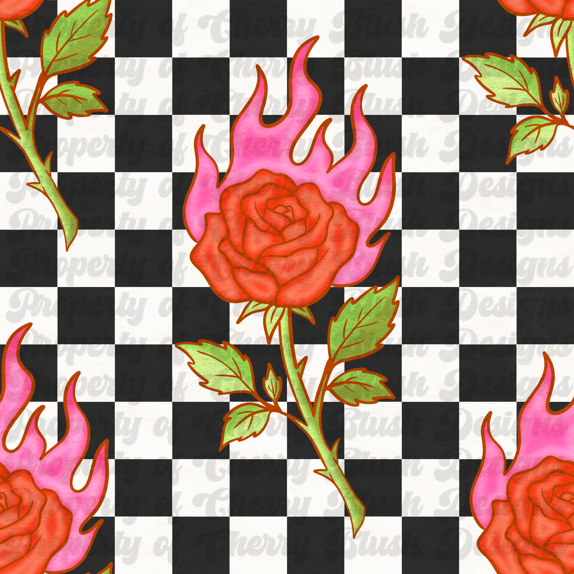 🌹 Flaming Rose Seamless Pattern PNG | Gothic Rose Digital Paper for Sublimation & POD