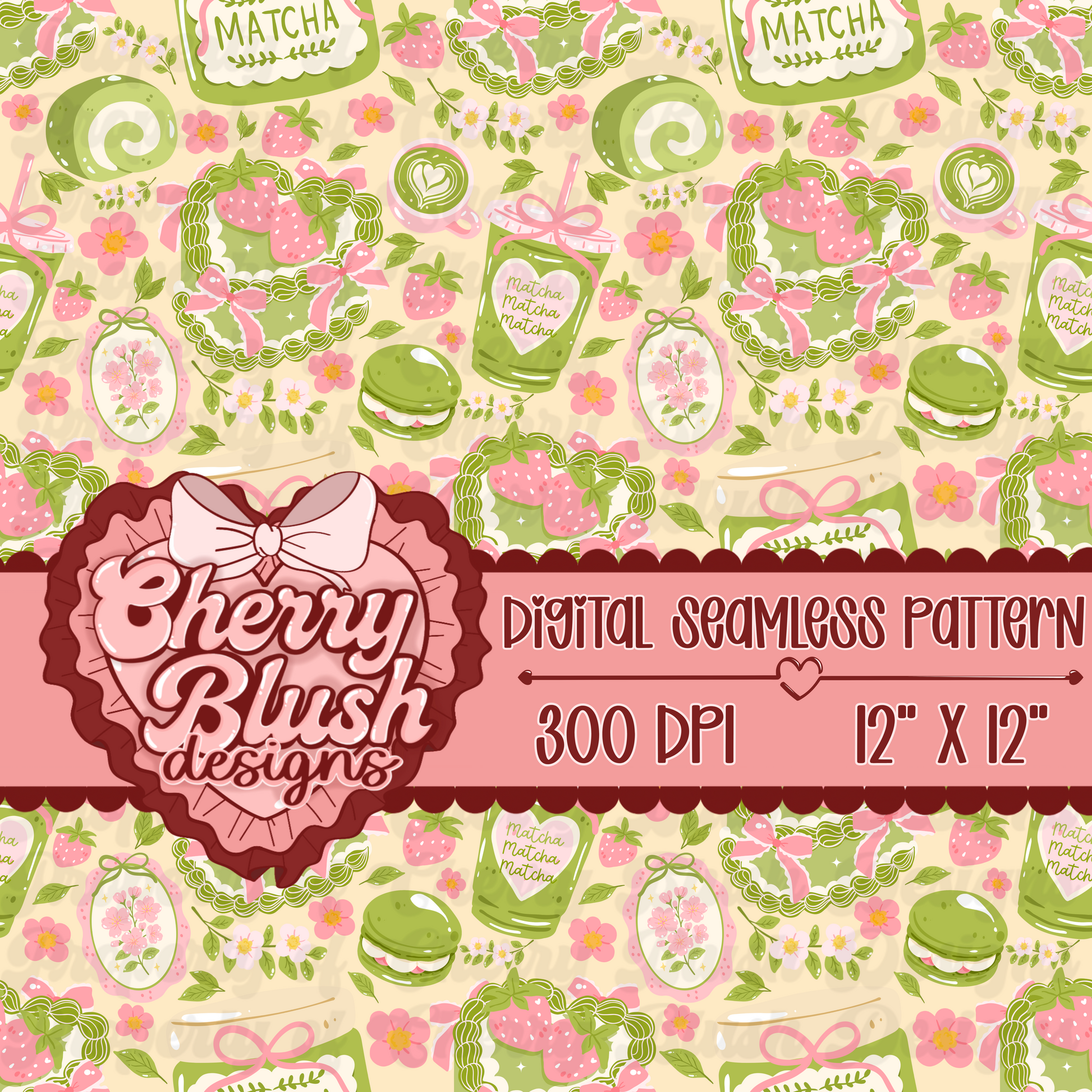 Strawberry Matcha Coquette Seamless Pattern | Cute Pastel Kawaii Background PNG