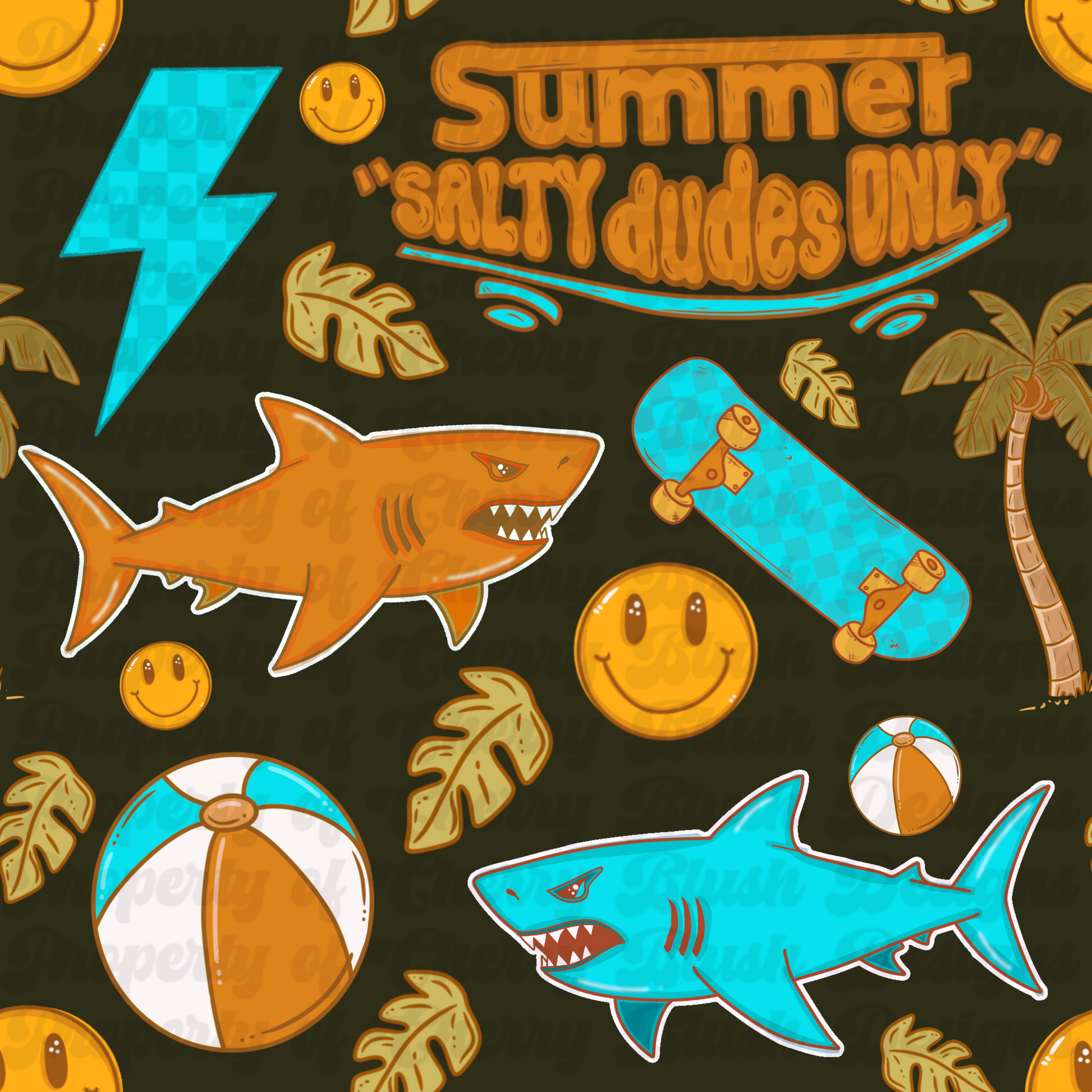Summer Salty Dudes Only Dark Seamless Pattern | Retro Shark Summer Digital Download | Beach Boy Trendy Seamless