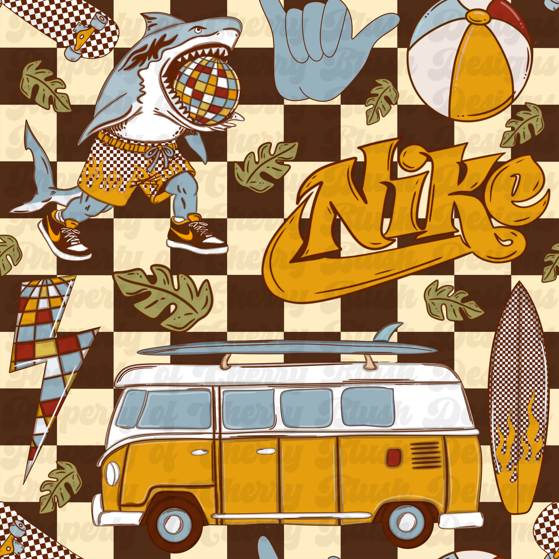 Disco Shark Summer Seamless Pattern | Retro Surf Shark | Multiple Colorways