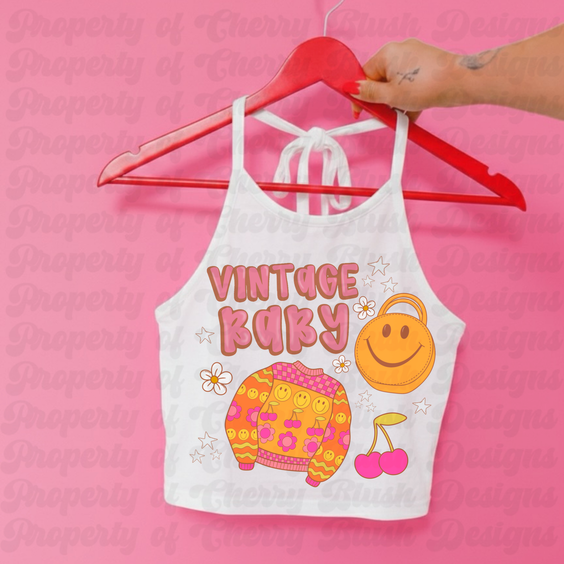 Vintage Baby PNG | Retro Smiley Bag, Groovy Sweater & Cherries | Y2K 70s Graphic Design