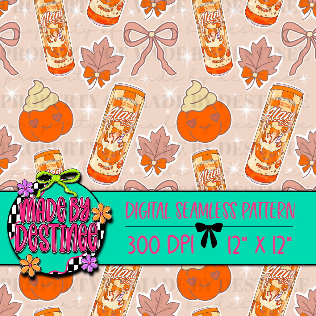 Alani Pumpkin Cream Energy Drink Seamless Digital Pattern | Fall Autumn Bow & Leaf Clipart